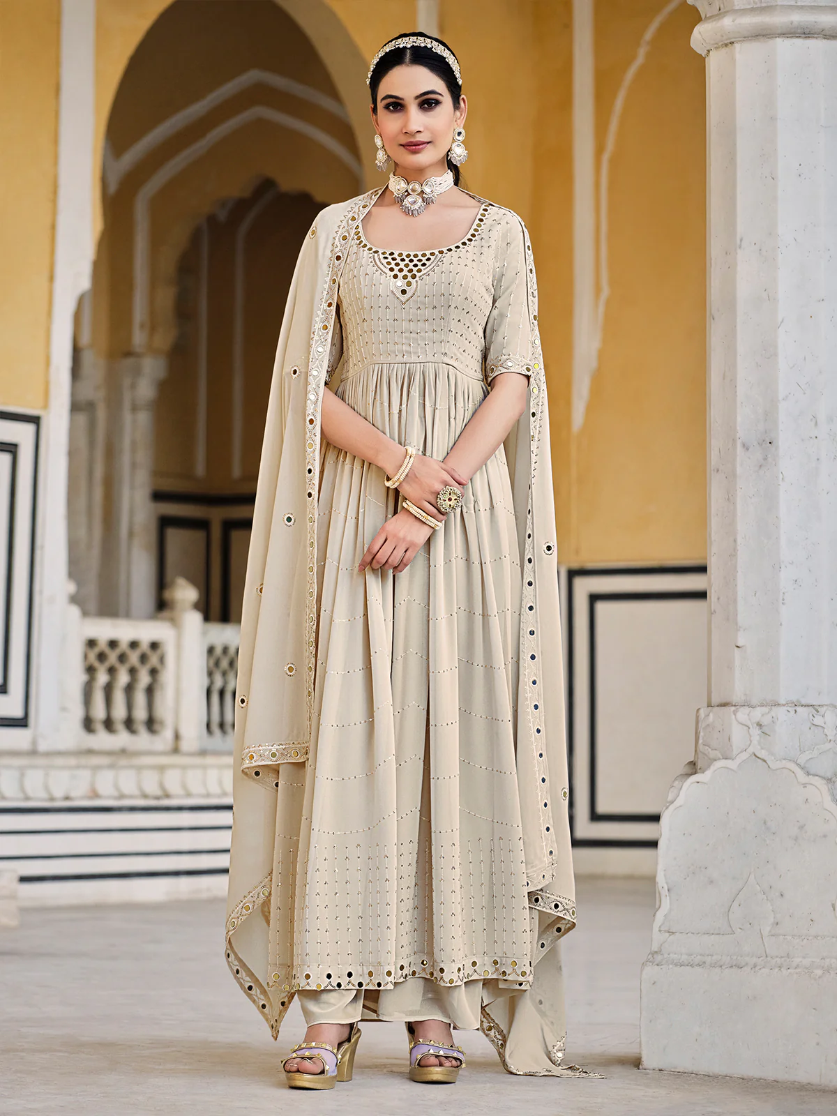 Odette Women Beige Georgette Embroidered Semi Stitched Salwar Suit - Image 2