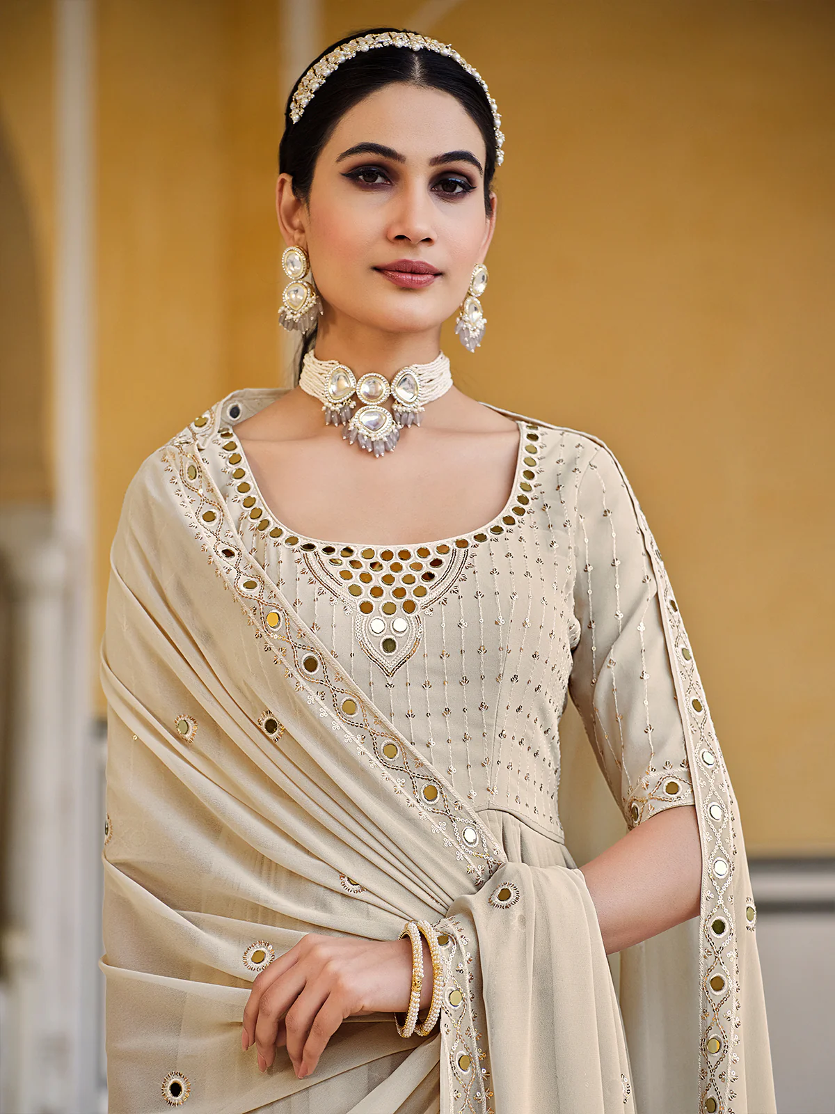 Odette Women Beige Georgette Embroidered Semi Stitched Salwar Suit - Image 4