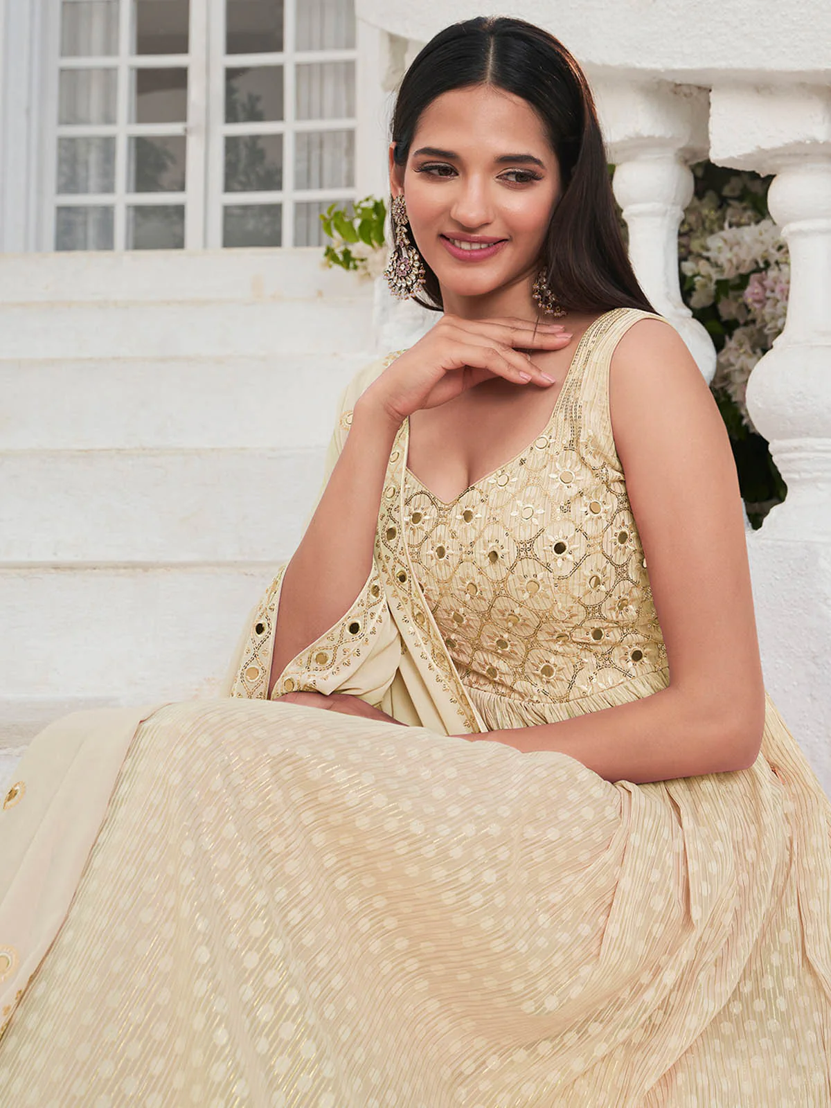 Odette Women Beige Georgette Embroidered Stitched  Salwar Suit - Image 3
