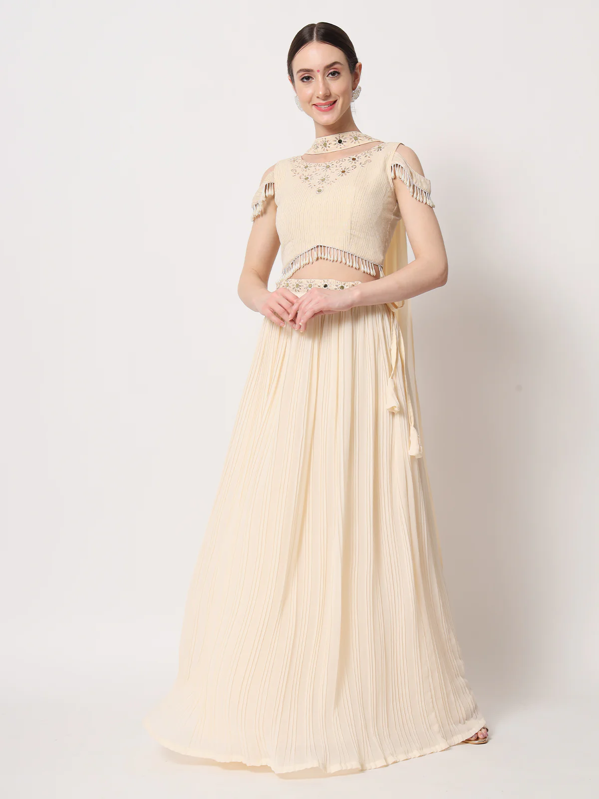 Odette Women Beige Georgette Semi Stitched Lehenga With Unstitched Blouse - Image 2