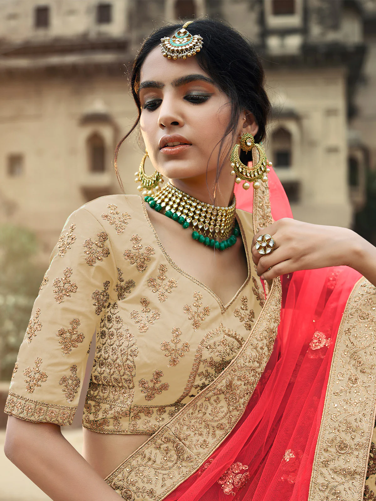 Odette Women Beige Embroidered Semi Stitched Lehenga With Unstitched Blouse - Image 2