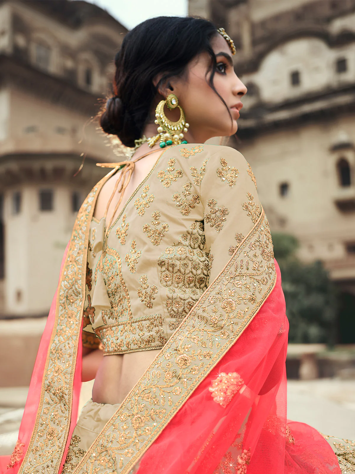 Odette Women Beige Embroidered Semi Stitched Lehenga With Unstitched Blouse - Image 3