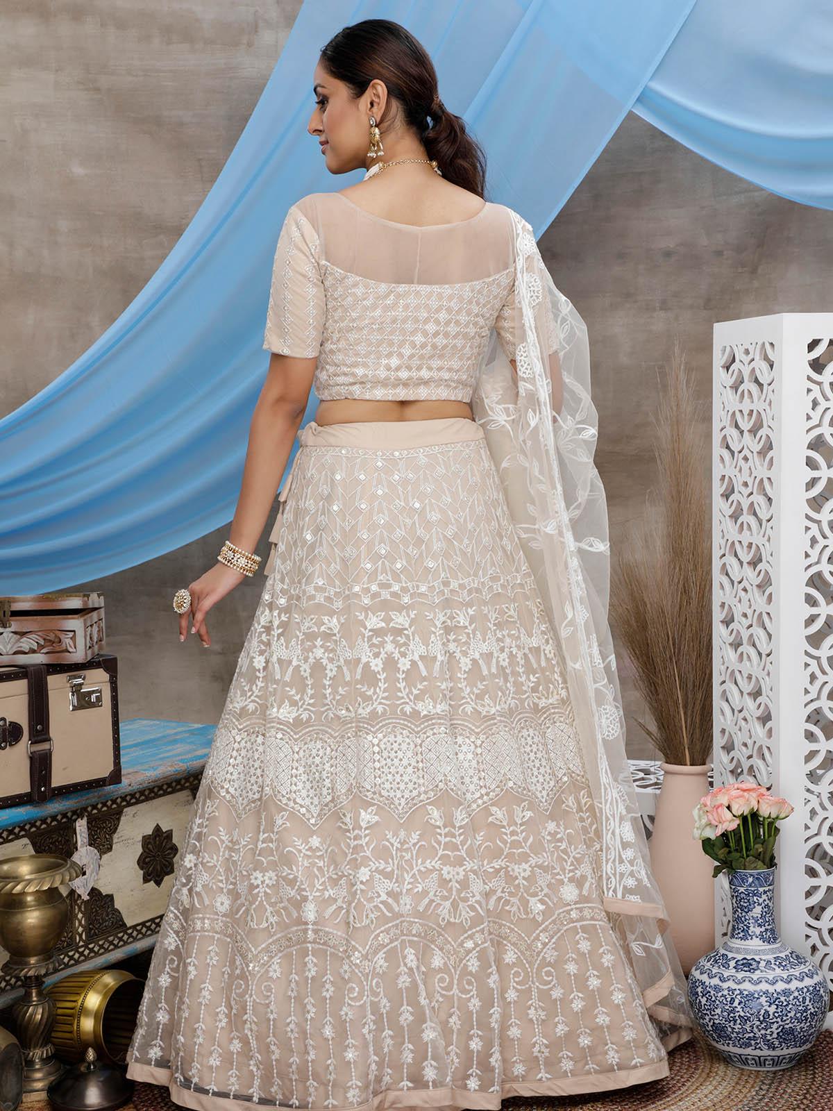 Odette Women Beige Net Gota Patti Semi Stitched Lehenga With  Unstitched Blouse - Image 2