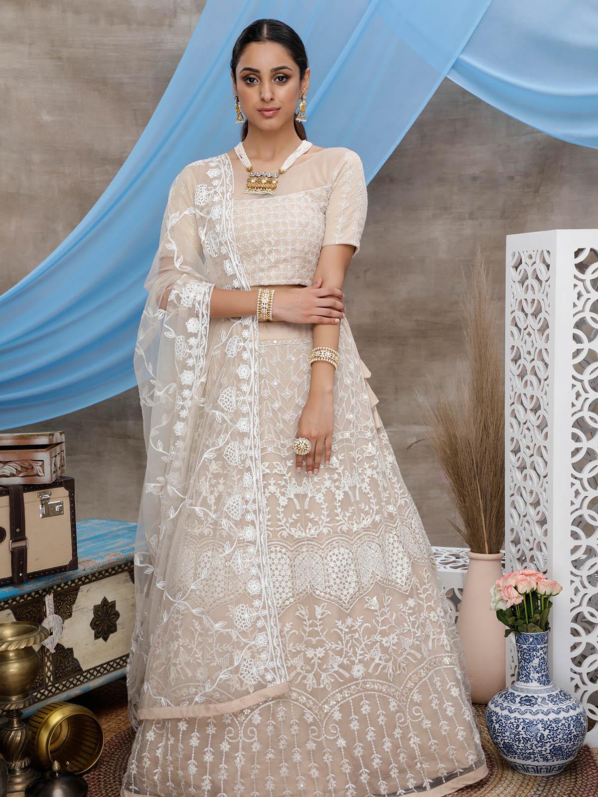 Odette Women Beige Net Gota Patti Semi Stitched Lehenga With  Unstitched Blouse - Image 3