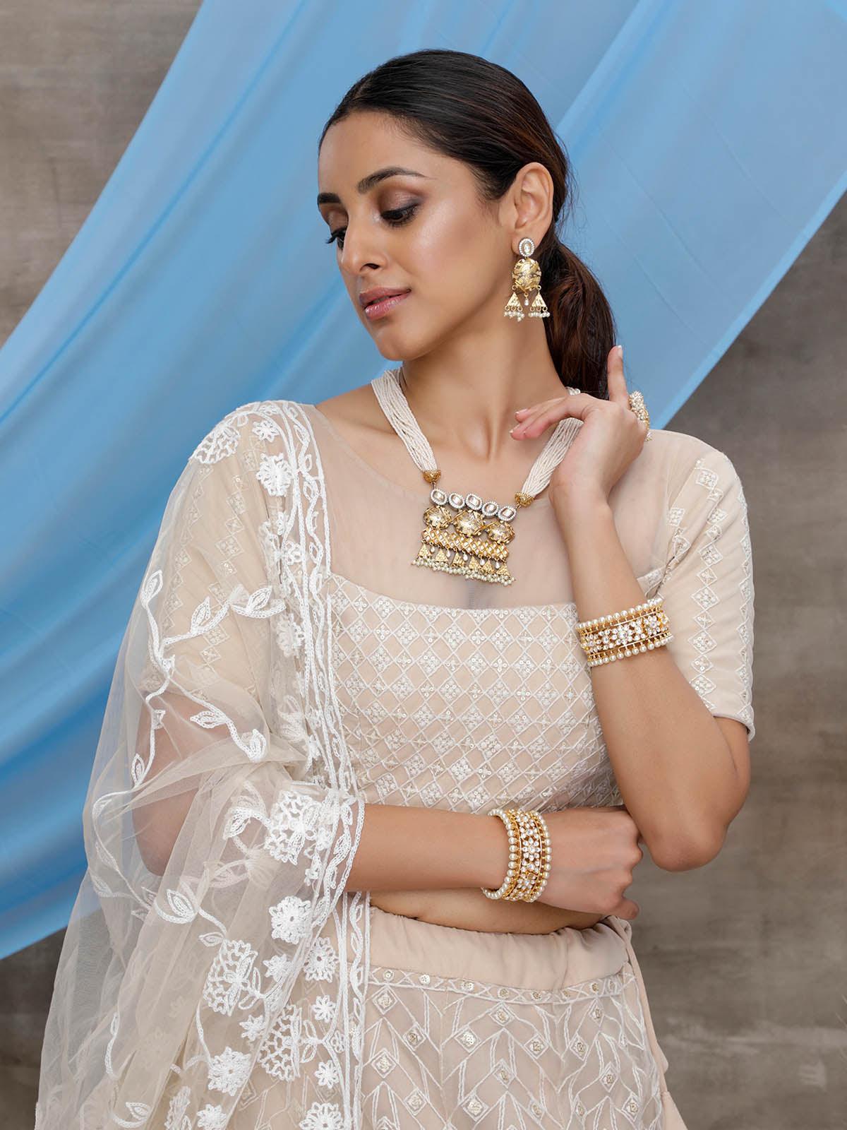 Odette Women Beige Net Gota Patti Semi Stitched Lehenga With  Unstitched Blouse - Image 4