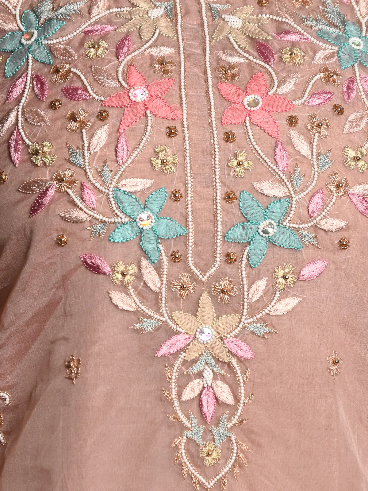 Odette Women Beige Organza Chikankari Beads Embroidered Unstitched Kurta - Image 4