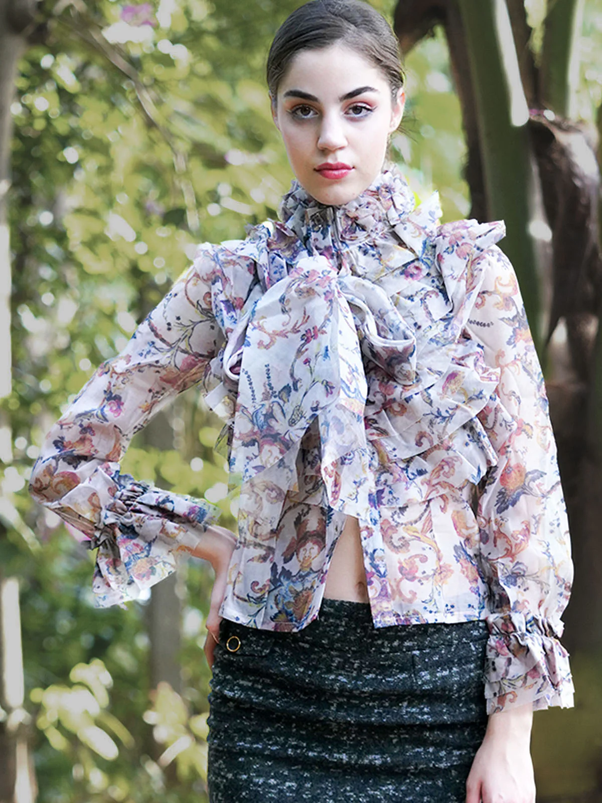 Odette Women Beige Polyester Voil Printed Shirt - Image 4