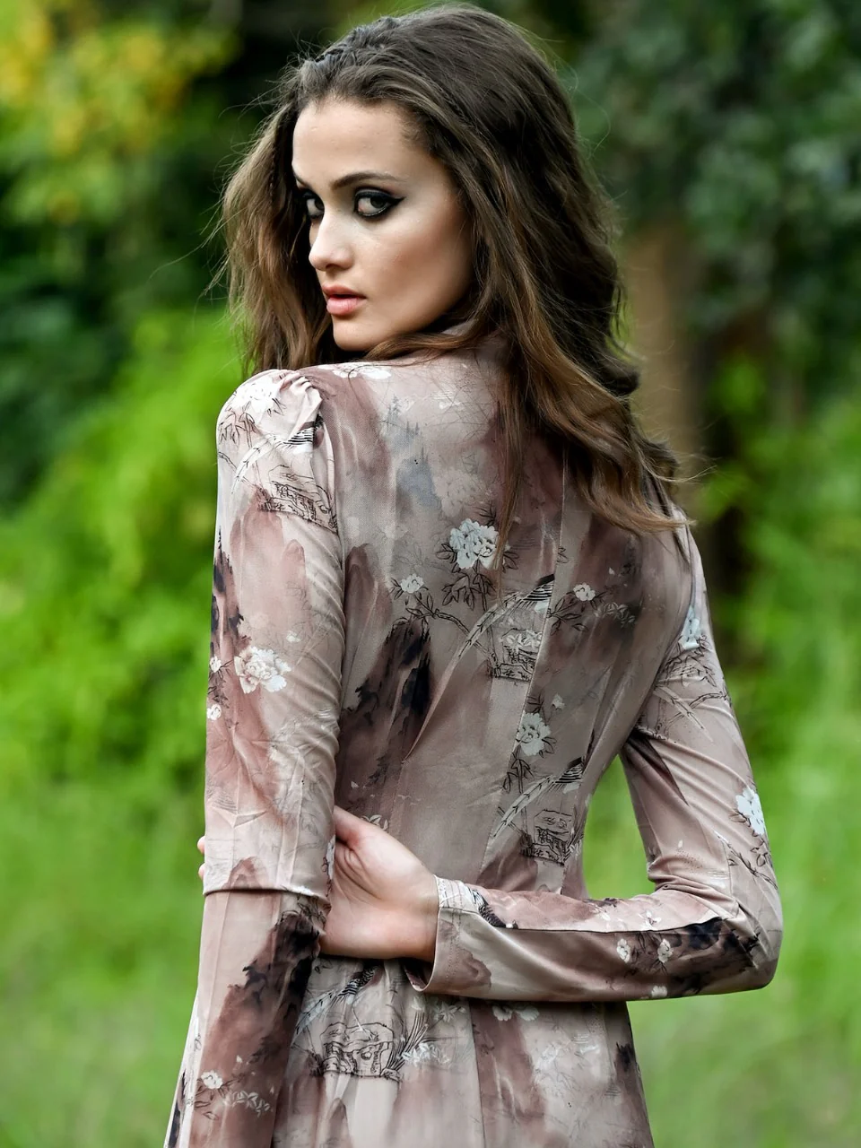 Odette Women Beige Printed Net Lycra Stitched Dress - Image 3
