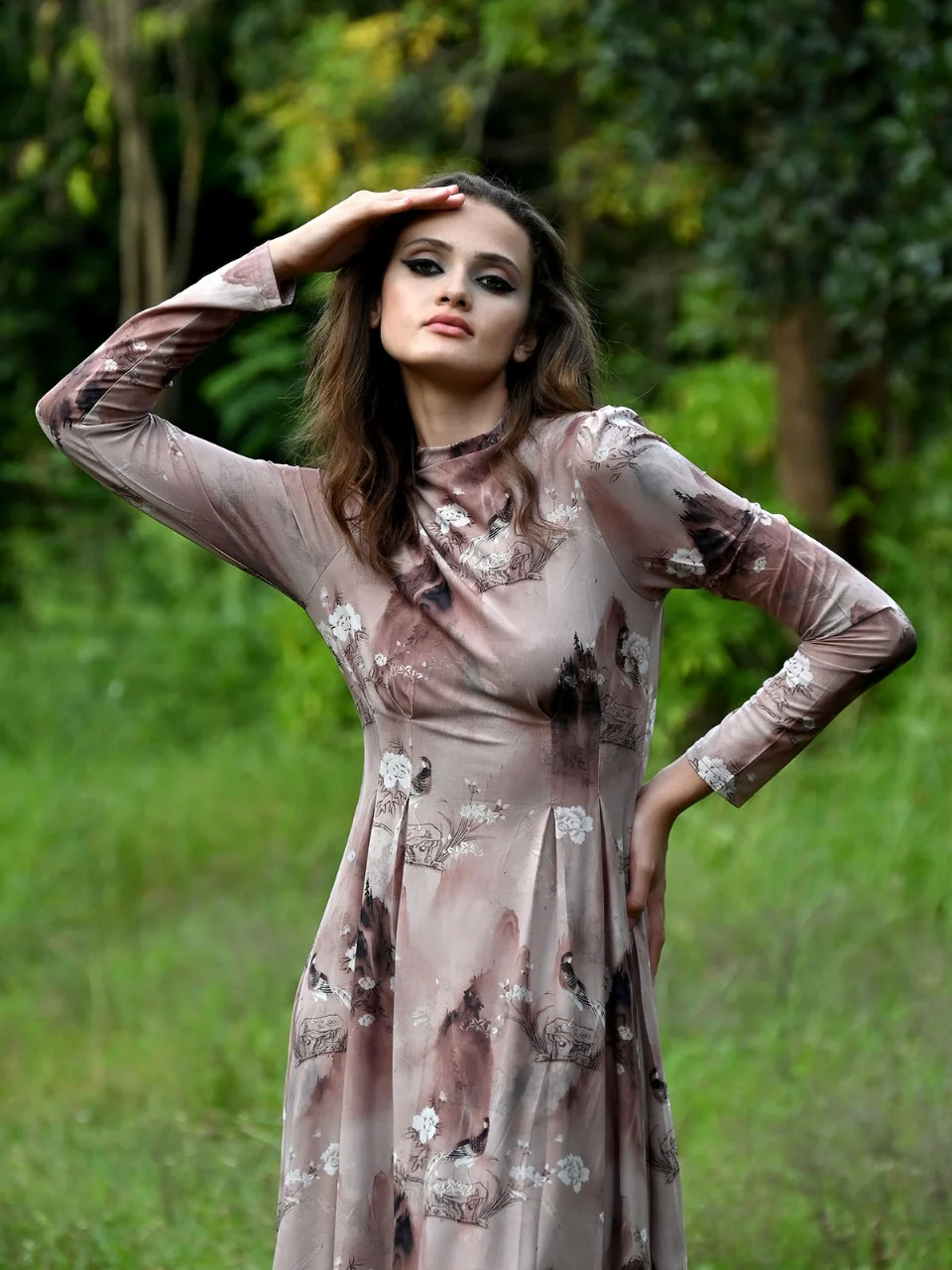 Odette Women Beige Printed Net Lycra Stitched Dress - Image 4