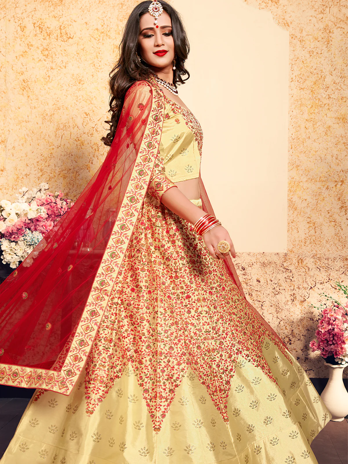 Odette Women Beige Satin Embroidered Semi Stitched Lehenga With Unstitched Blouse - Image 3