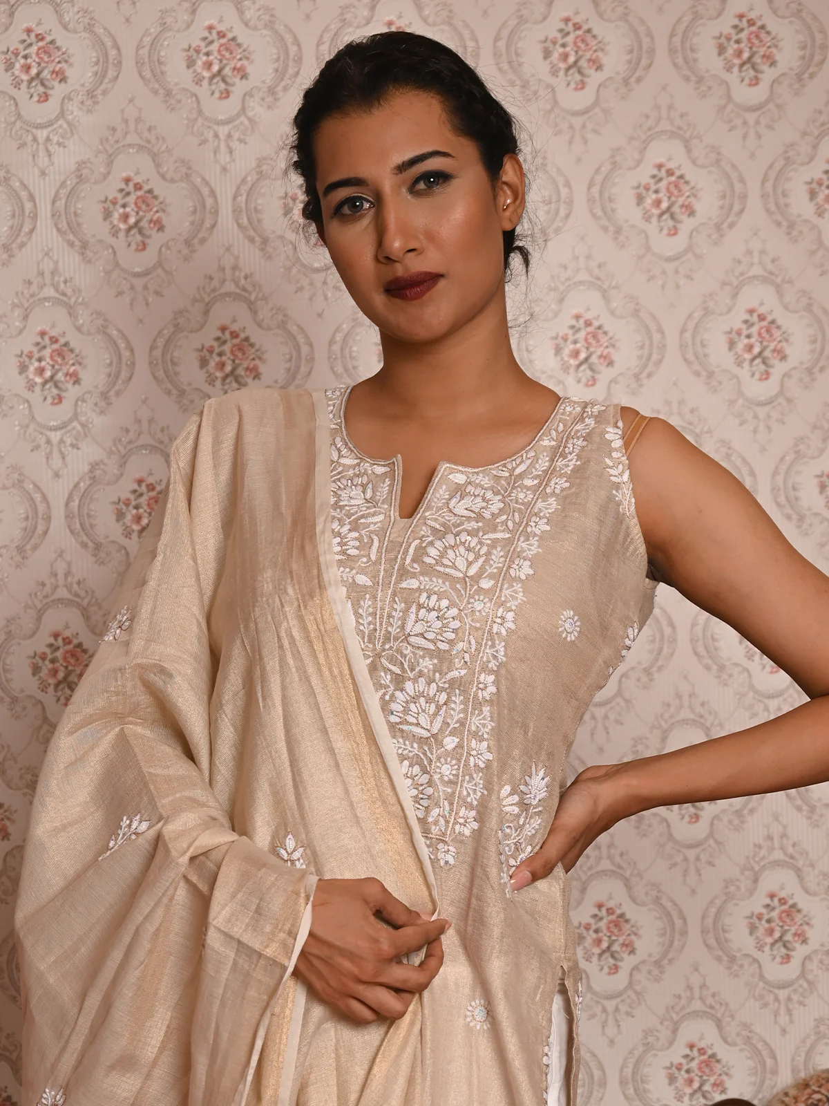 Odette Women Beige Shimmered Polyester Chikankari Beads Embroidered Unstitched Kurta Set - Image 2