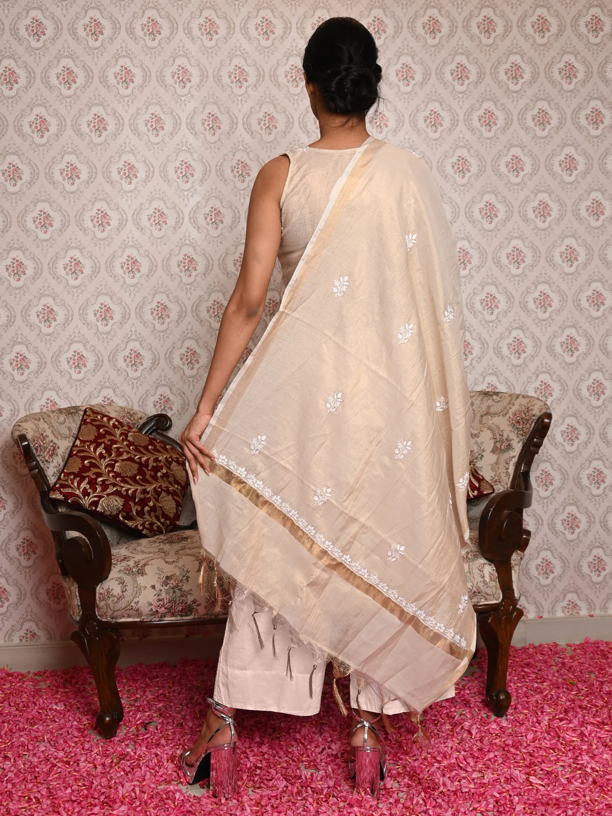 Odette Women Beige Shimmered Polyester Chikankari Beads Embroidered Unstitched Kurta Set - Image 3