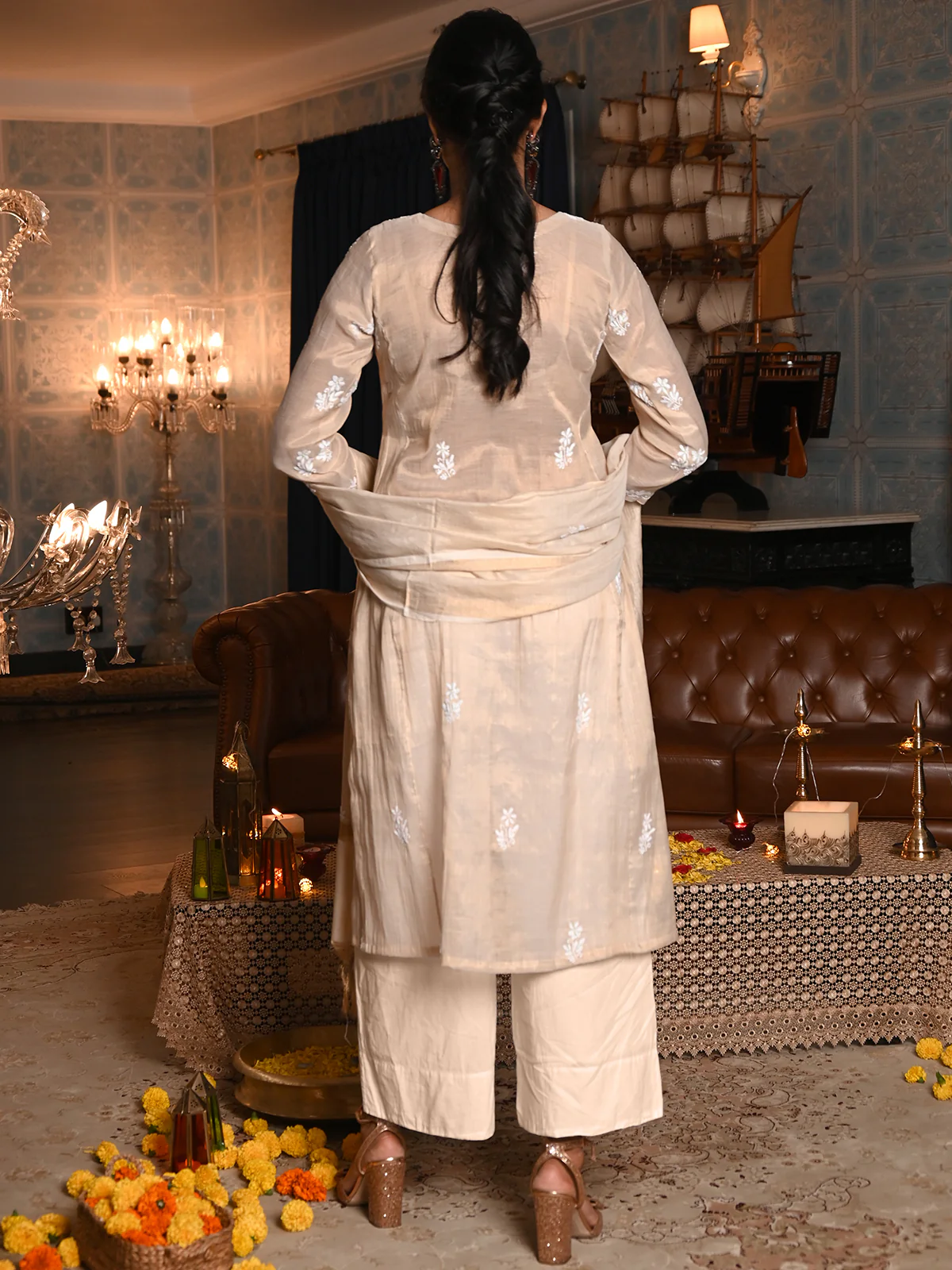 Odette Women Beige Shimmered Polyester Voile Chikankari Beads Embroidered Stitched Kurta with Dupatta - Image 3