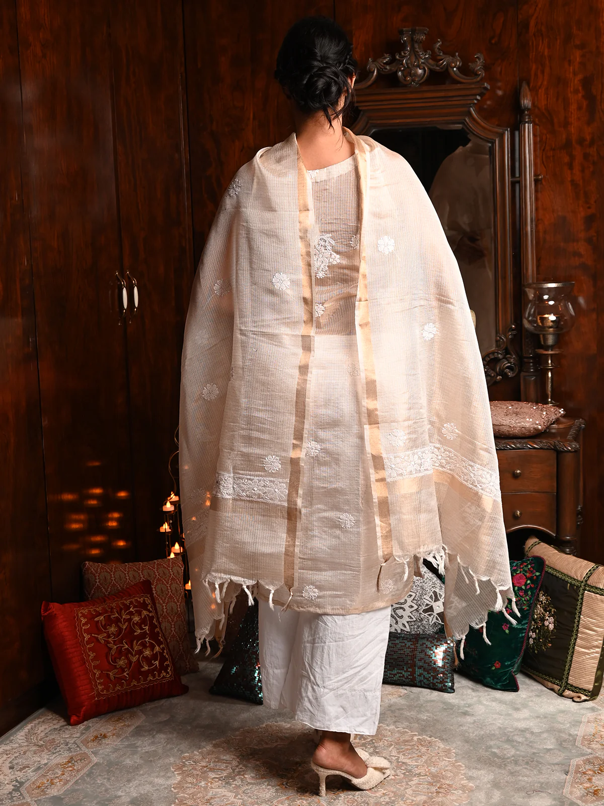 Odette Women Beige Shimmered Polyester Voile Chikankari Embroidered Stitched Kurta with dupatta - Image 3