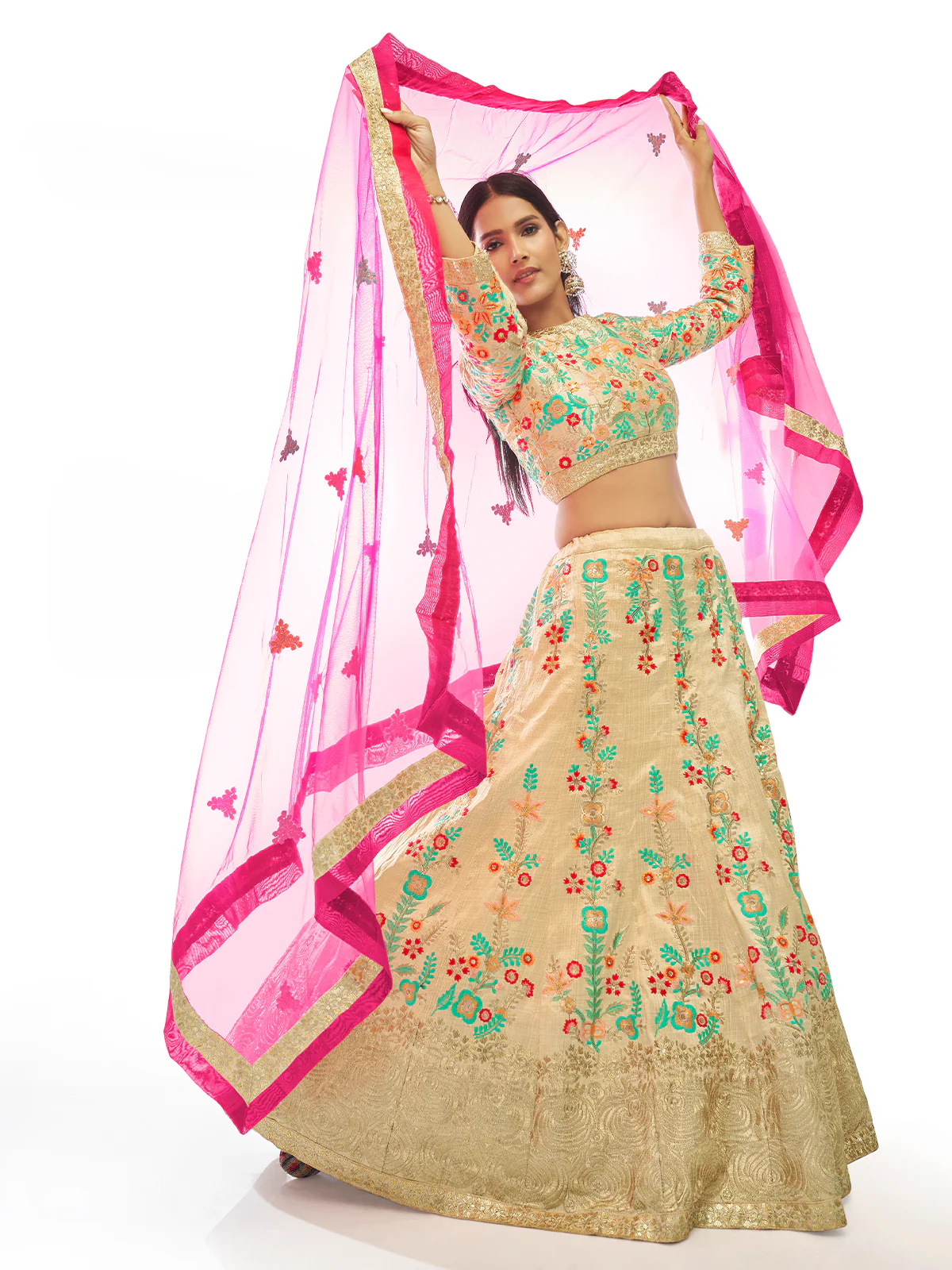 Odette Women Beige Embroidered Semi Stitched Lehenga With Unstitched Blouse - Image 2