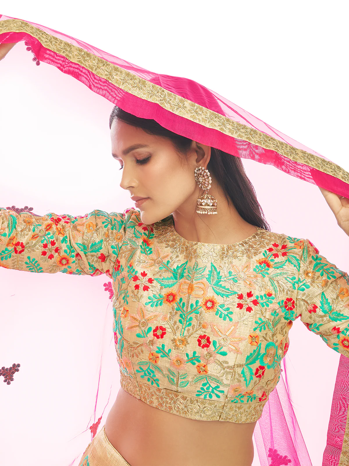 Odette Women Beige Embroidered Semi Stitched Lehenga With Unstitched Blouse - Image 3