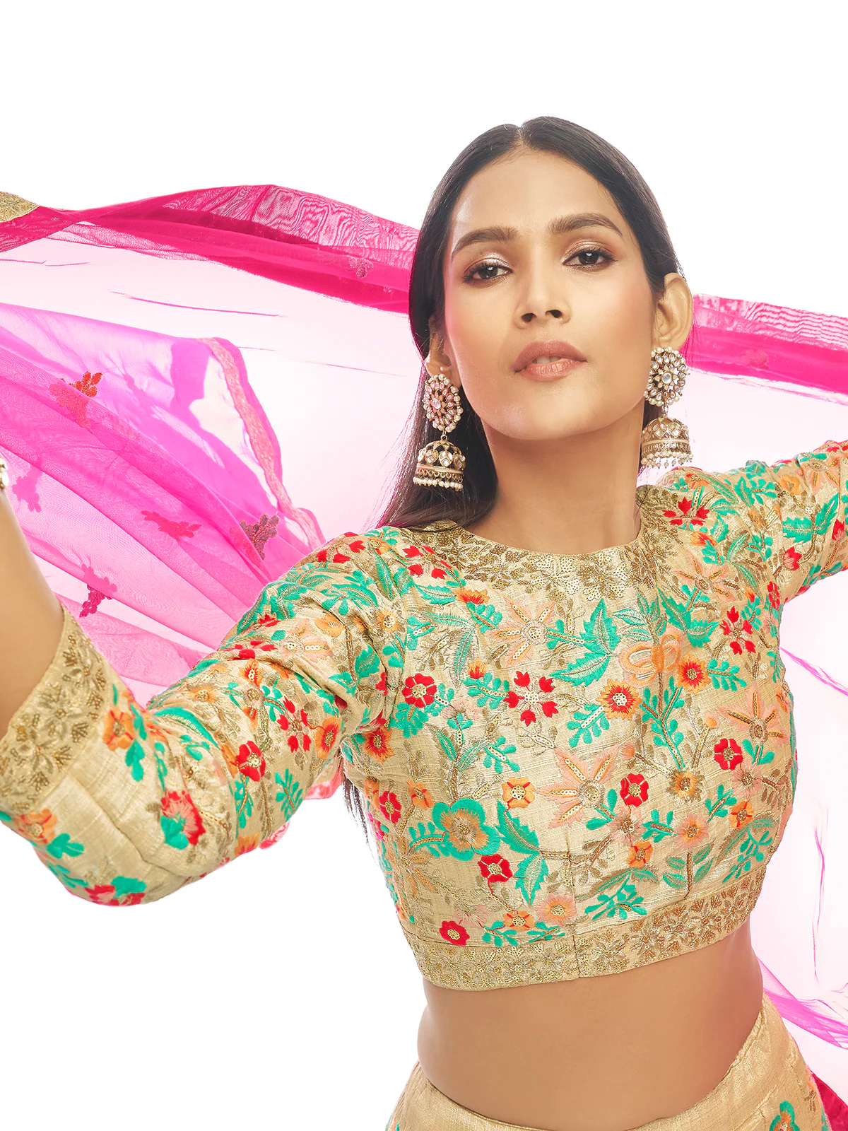 Odette Women Beige Embroidered Semi Stitched Lehenga With Unstitched Blouse - Image 4