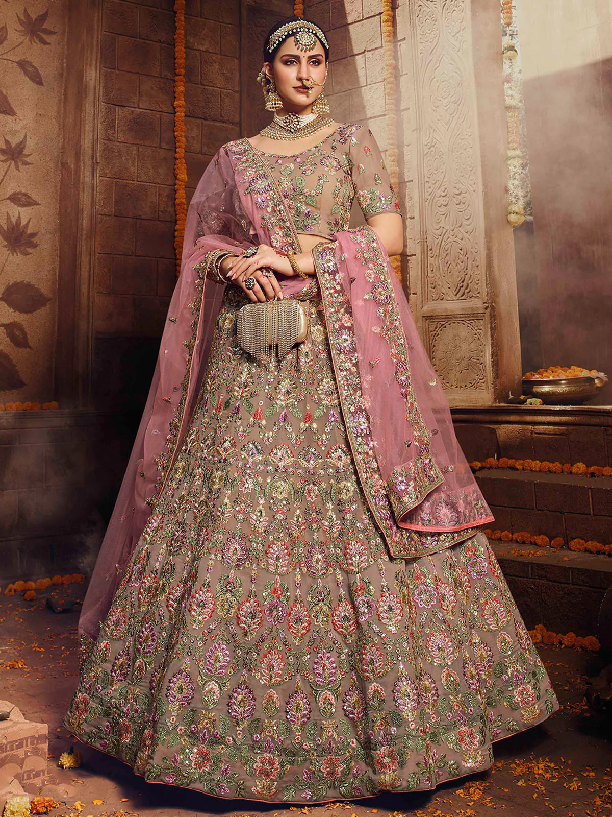 Odette Women Beige Embroidered Georgette Semi Stitched Lehenga With Unstitched Blouse