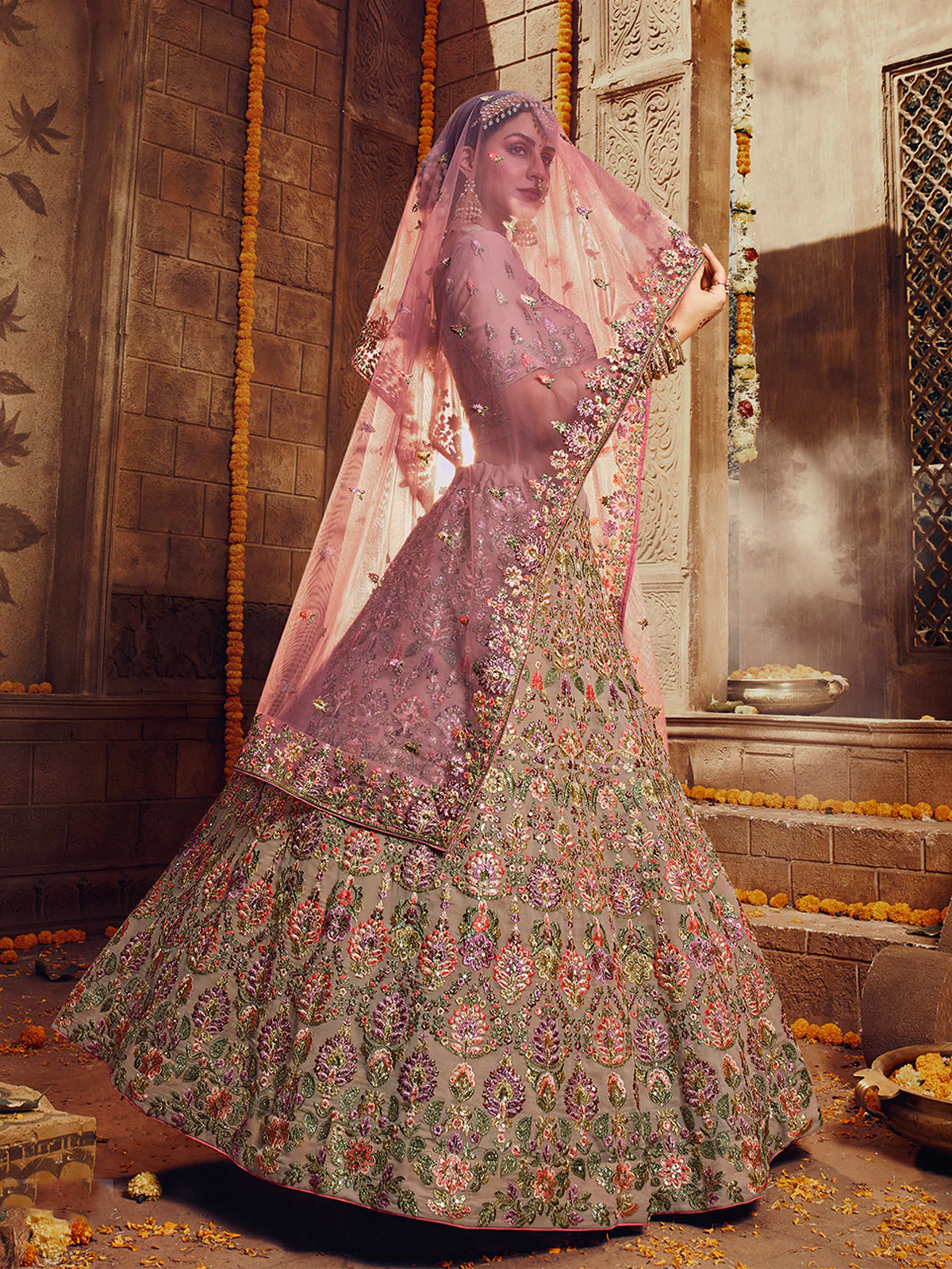 Odette Women Beige Embroidered Georgette Semi Stitched Lehenga With Unstitched Blouse - Image 2