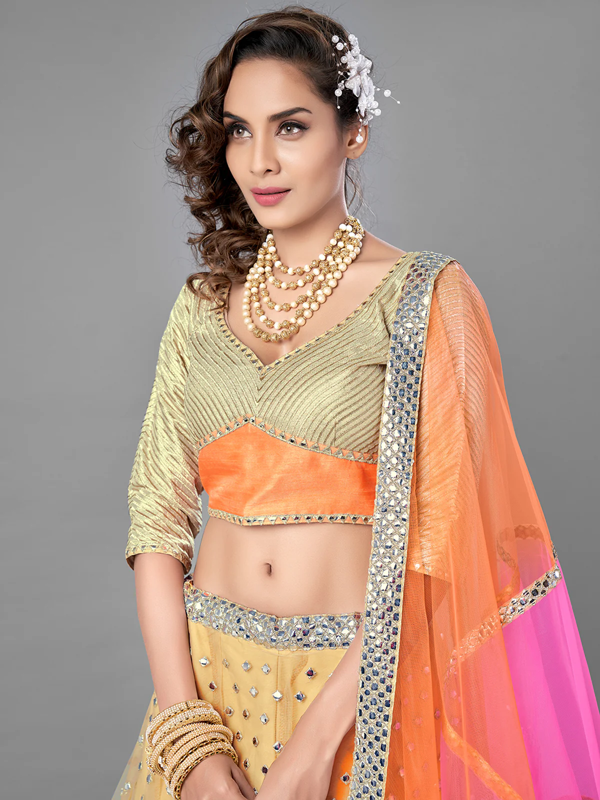 Odette Women Beige Embroidered Soft Net Semi Stitched Lehenga With Unstitched Blouse - Image 3