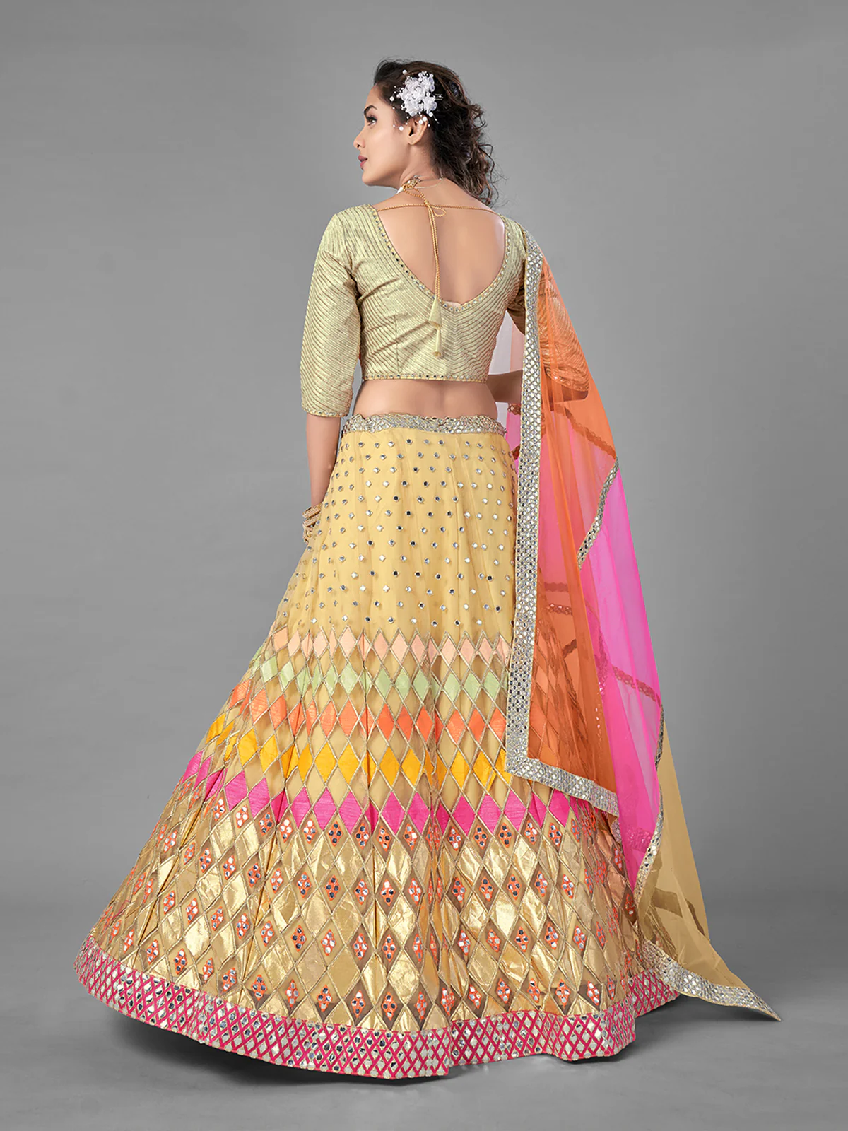 Odette Women Beige Embroidered Soft Net Semi Stitched Lehenga With Unstitched Blouse - Image 5