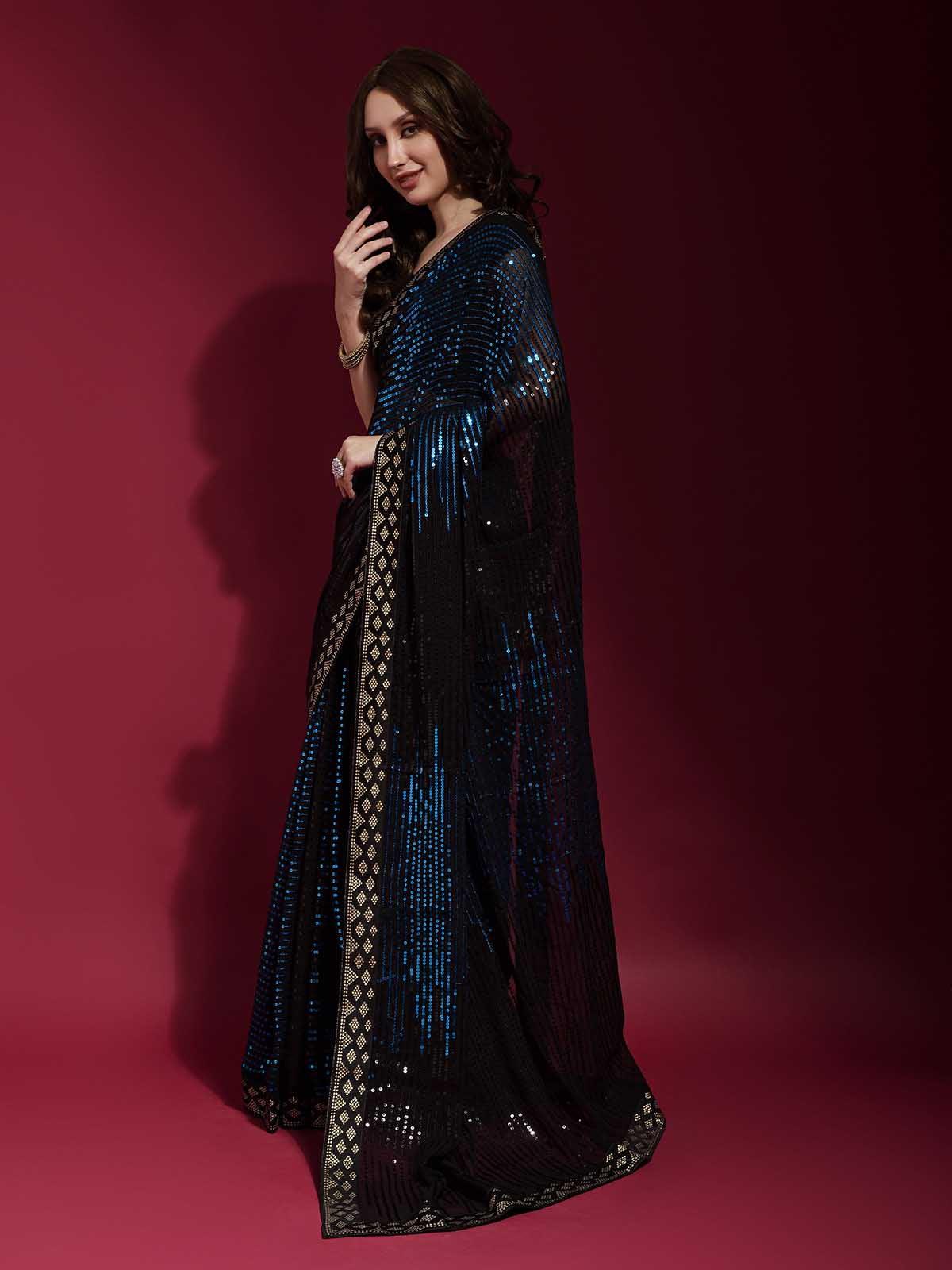 Odette Women Black And Blue Georgette Sequence Saree With Unstitched Blouse - Image 3