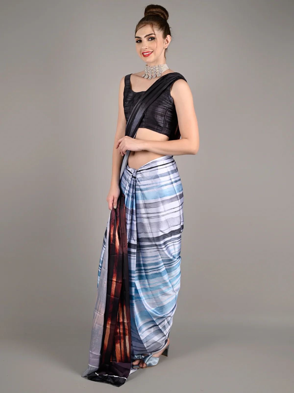 Odette Women Black And Blue Silk Blend Digital Stripes Print Saree With Unstitched Blouse - Image 2