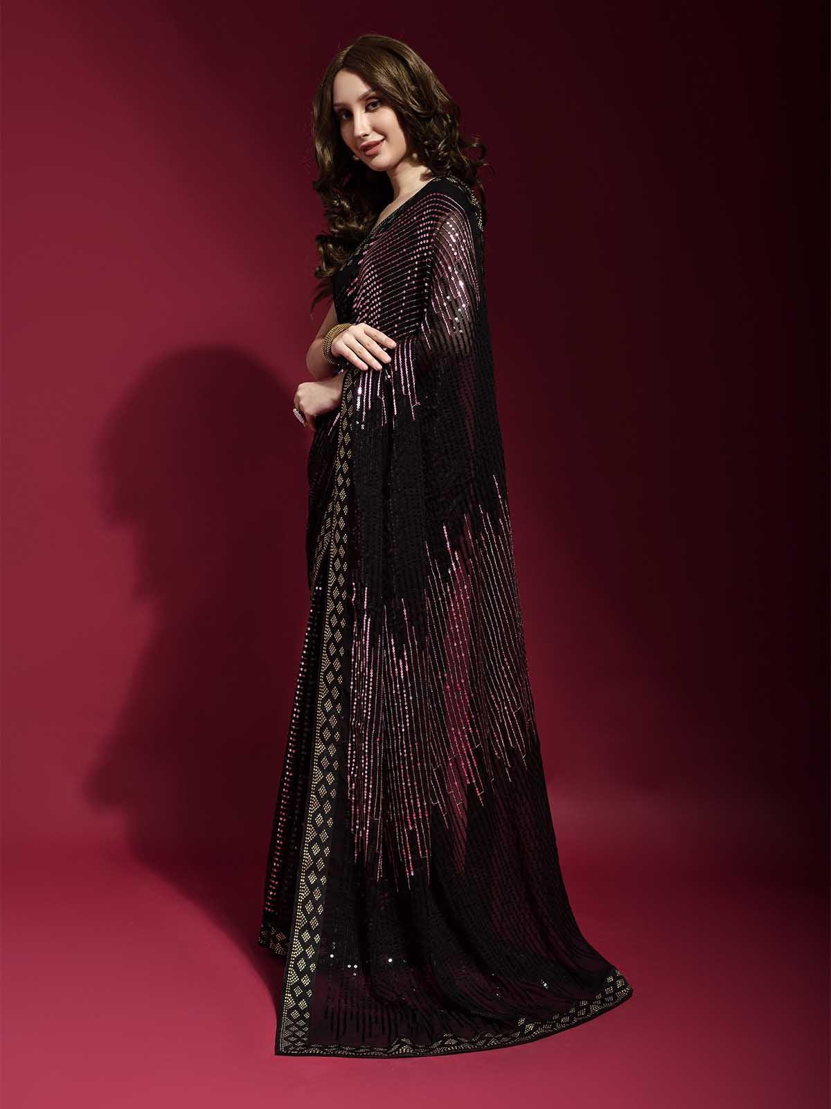 Odette Women Black And Pink Georgette Sequence Saree With Unstitched Blouse - Image 3