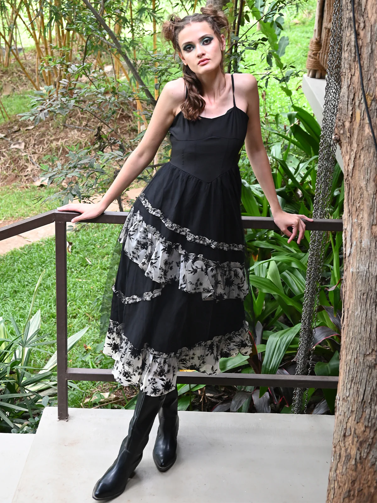 Odette Women Black And White Floral Polyester And Net Dress - Image 2