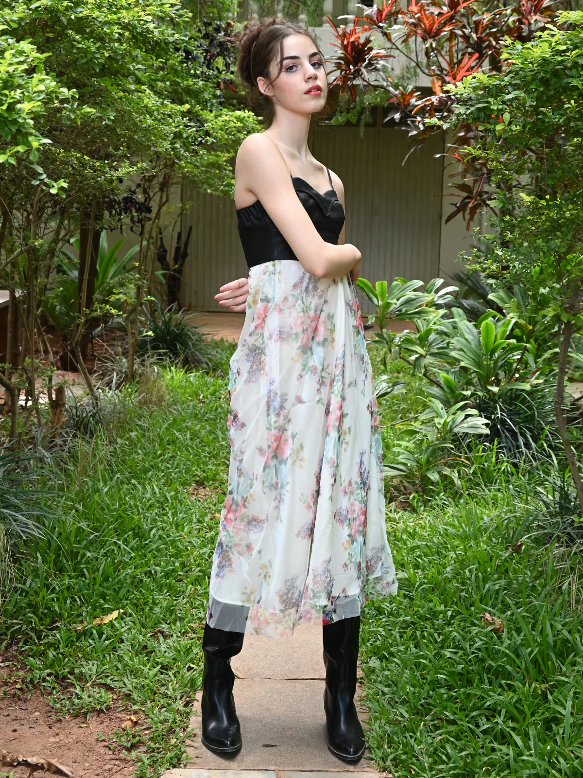 Odette Women Black And White Printed Net And Pu Dress - Image 2