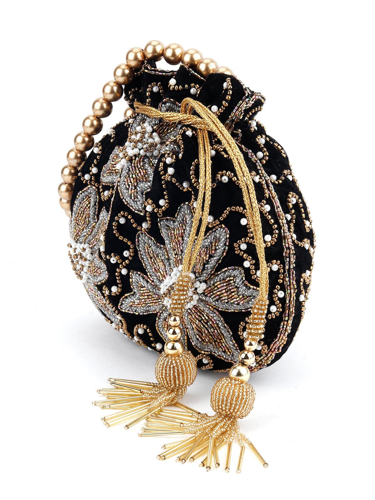 Odette Women Black Beaded Attractive Potli - Image 4