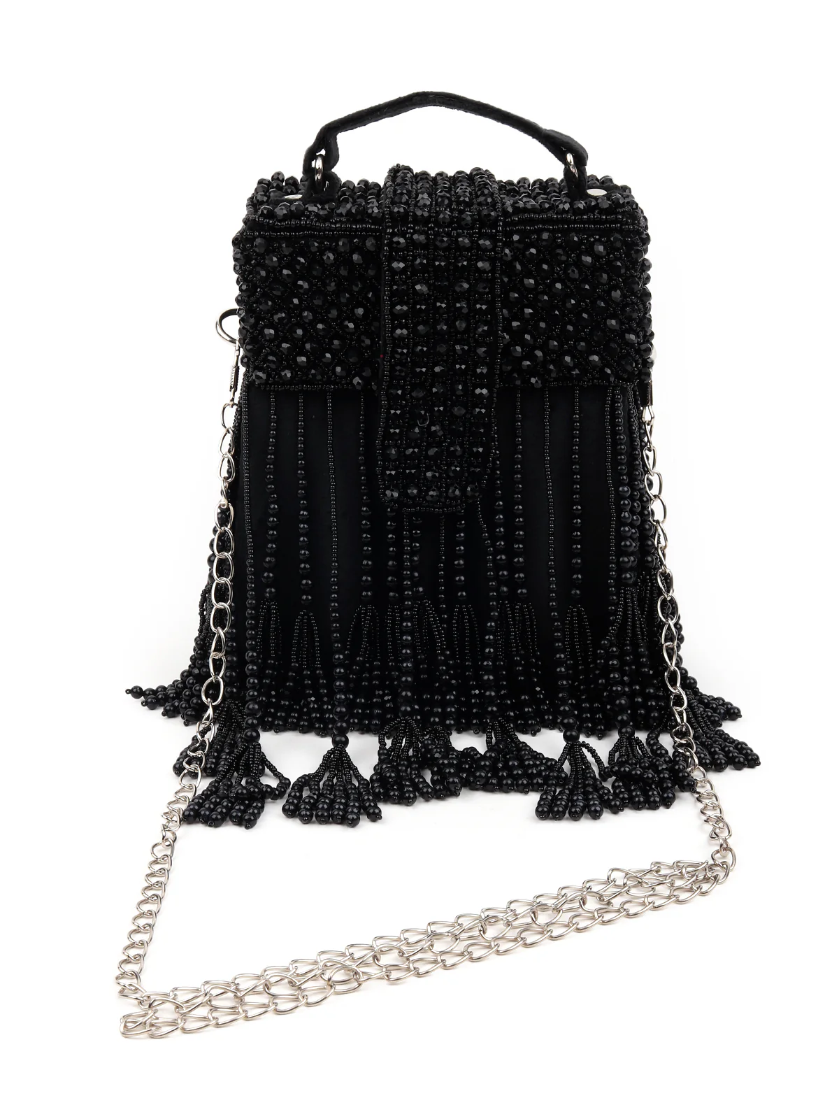 Odette Women Black Beaded Sling Bag With Tassels - Image 3