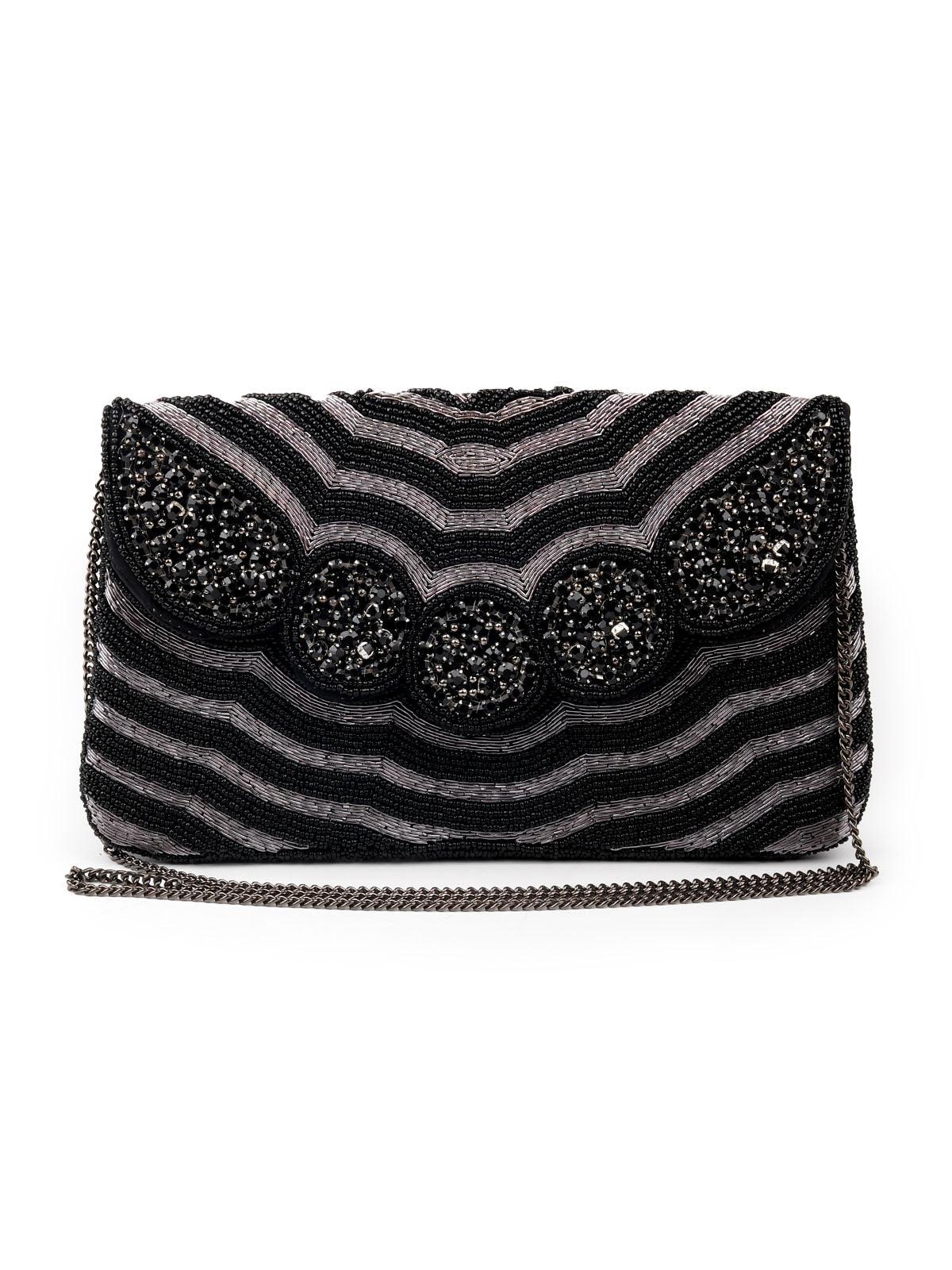 Odette Women Black Beaded Stunning Flap Closure Sling Bag - Image 3