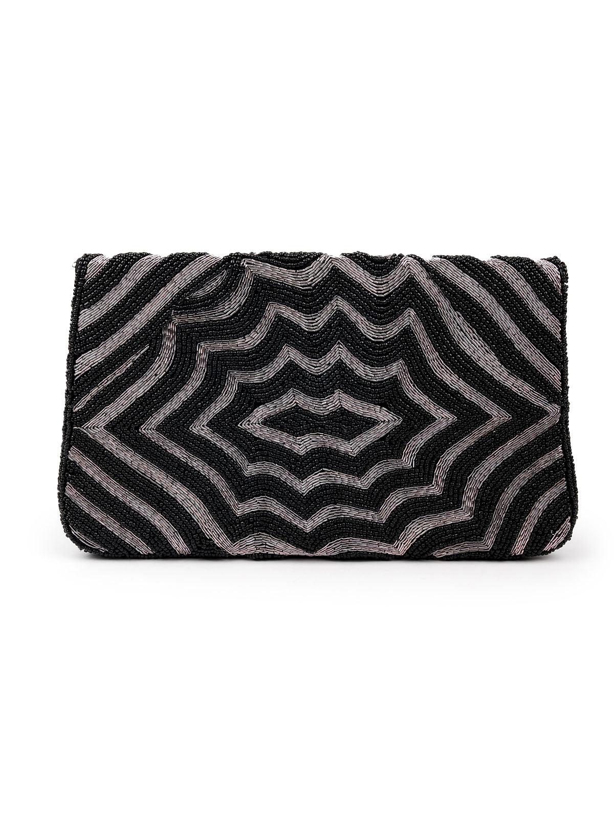 Odette Women Black Beaded Stunning Flap Closure Sling Bag - Image 5