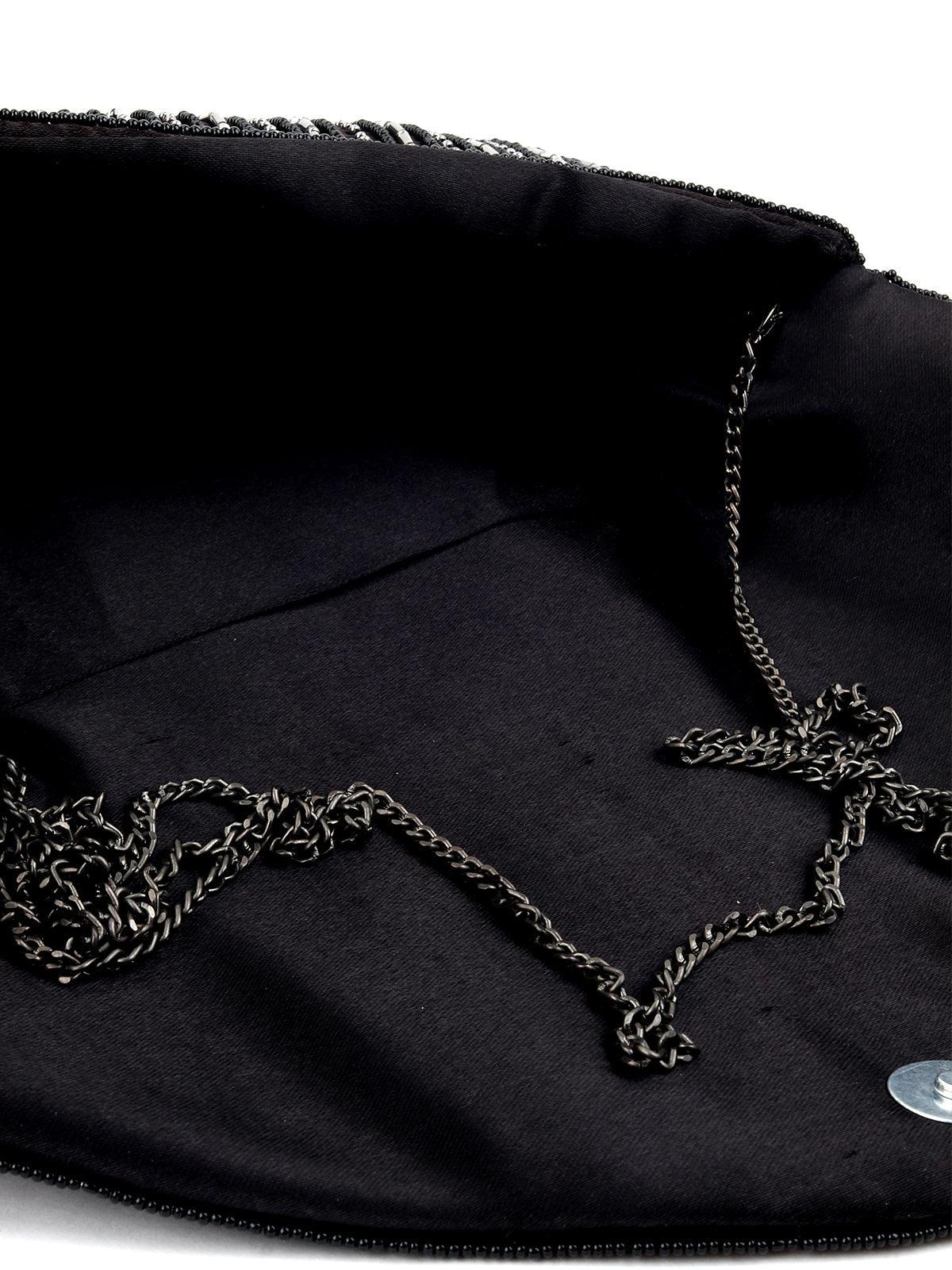 Odette Women Black Beaded Stunning Flap Closure Sling Bag - Image 6