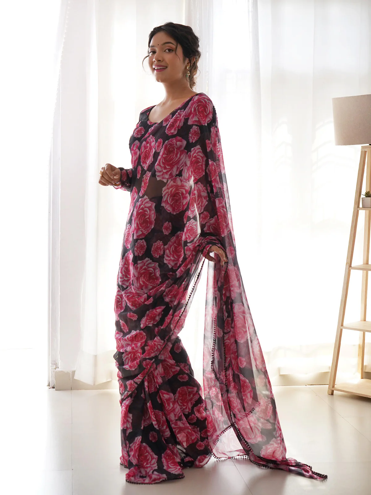 Odette Women Black Georgette Floral Saree With Stitched Blouse - Image 3
