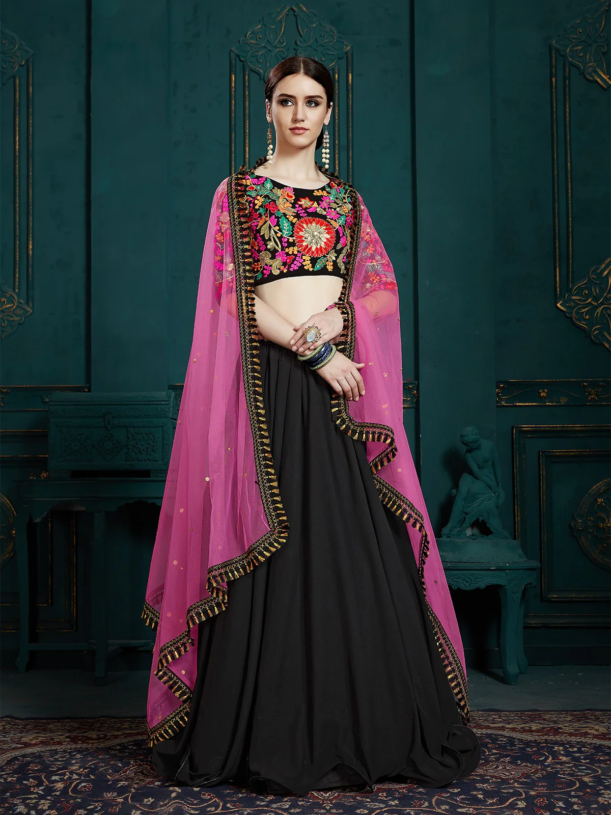 Odette Women Black Classy Semi Stitched Lehenga With Unstitched Blouse - Image 3