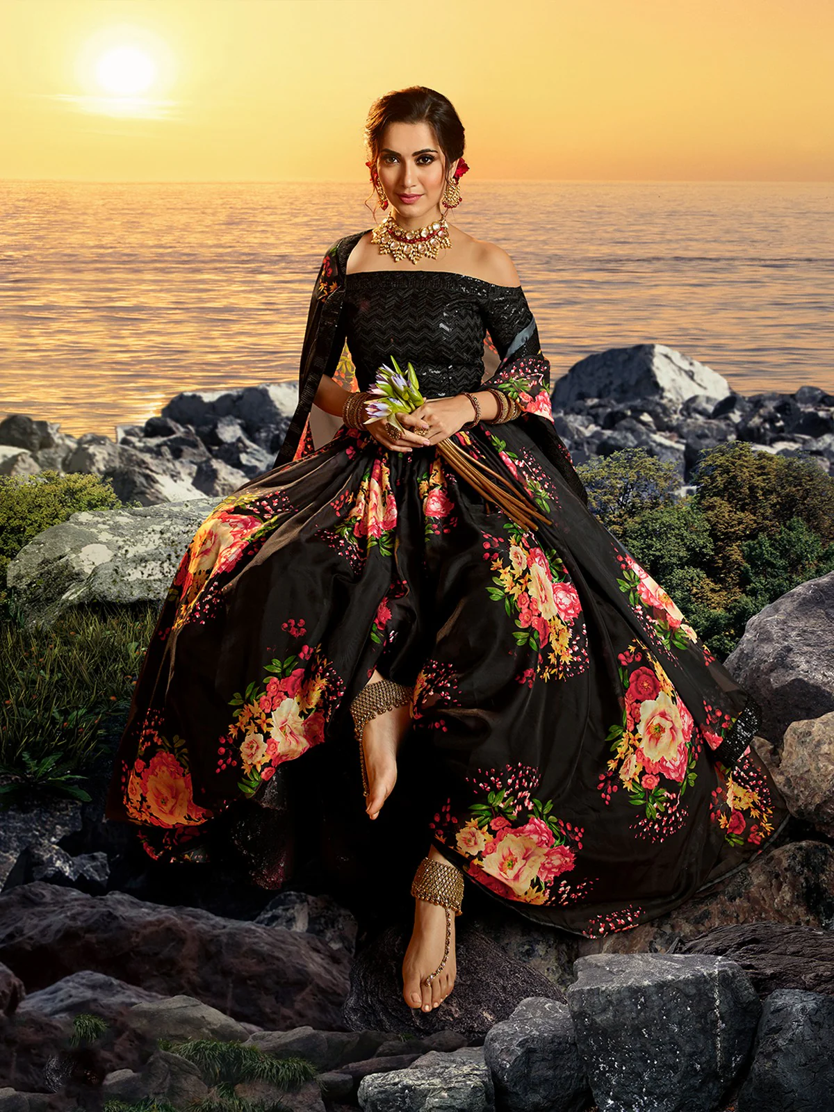 Odette Women Black Classy Semi Stitched Lehenga With  Unstitched Blouse - Image 3