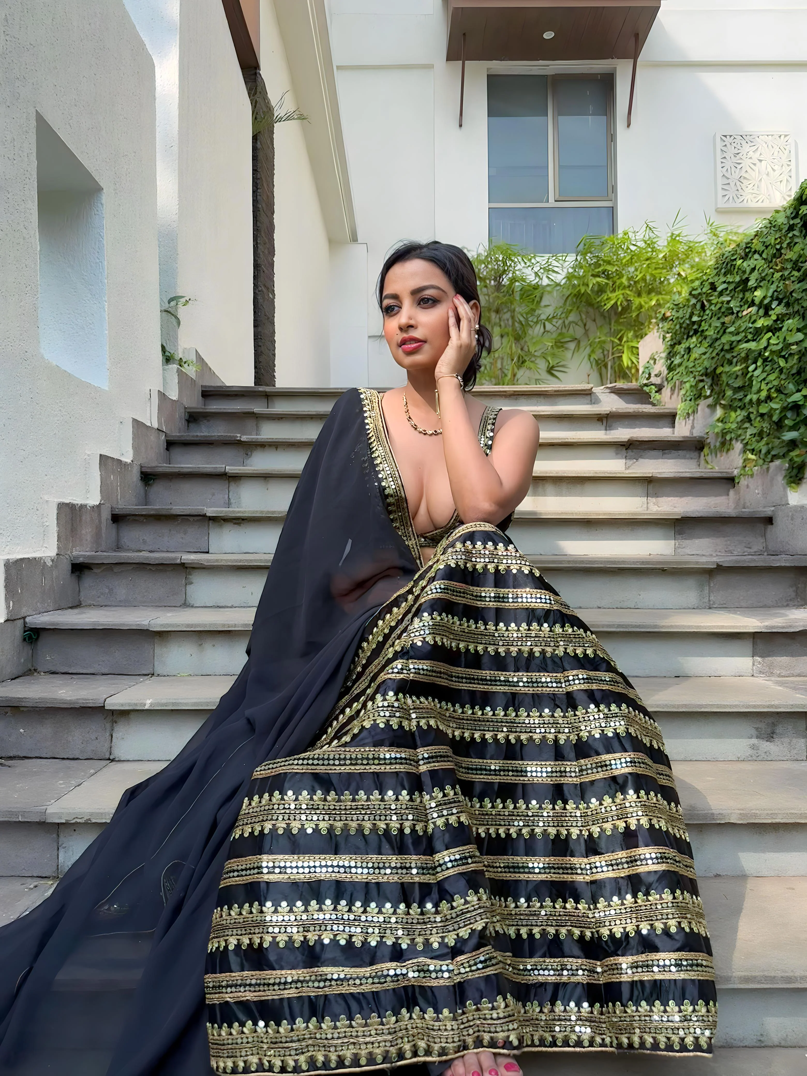 Odette Women Black Sequence Semi Stitched Lehenga With Unstitched Blouse - Image 3