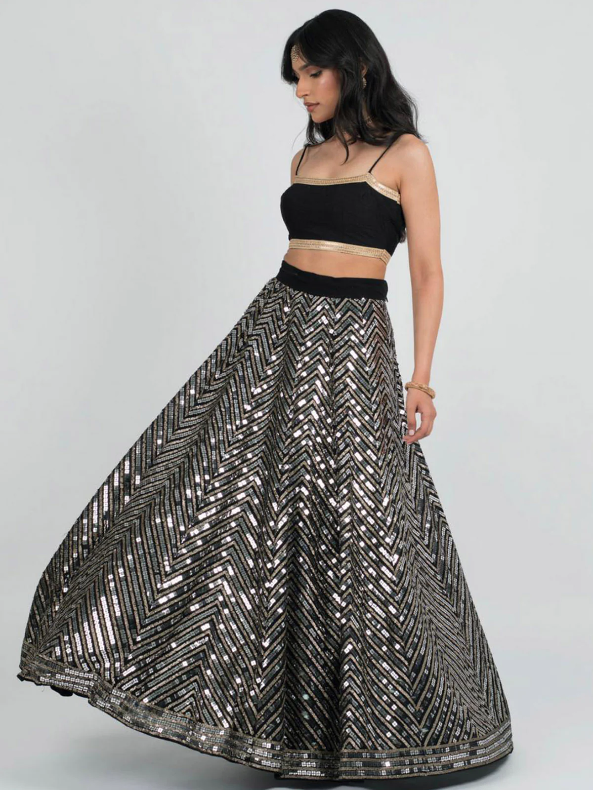 Odette Women Black Designer Sequence Semi Stitched Lehenga With Unstitched Blouse - Image 3
