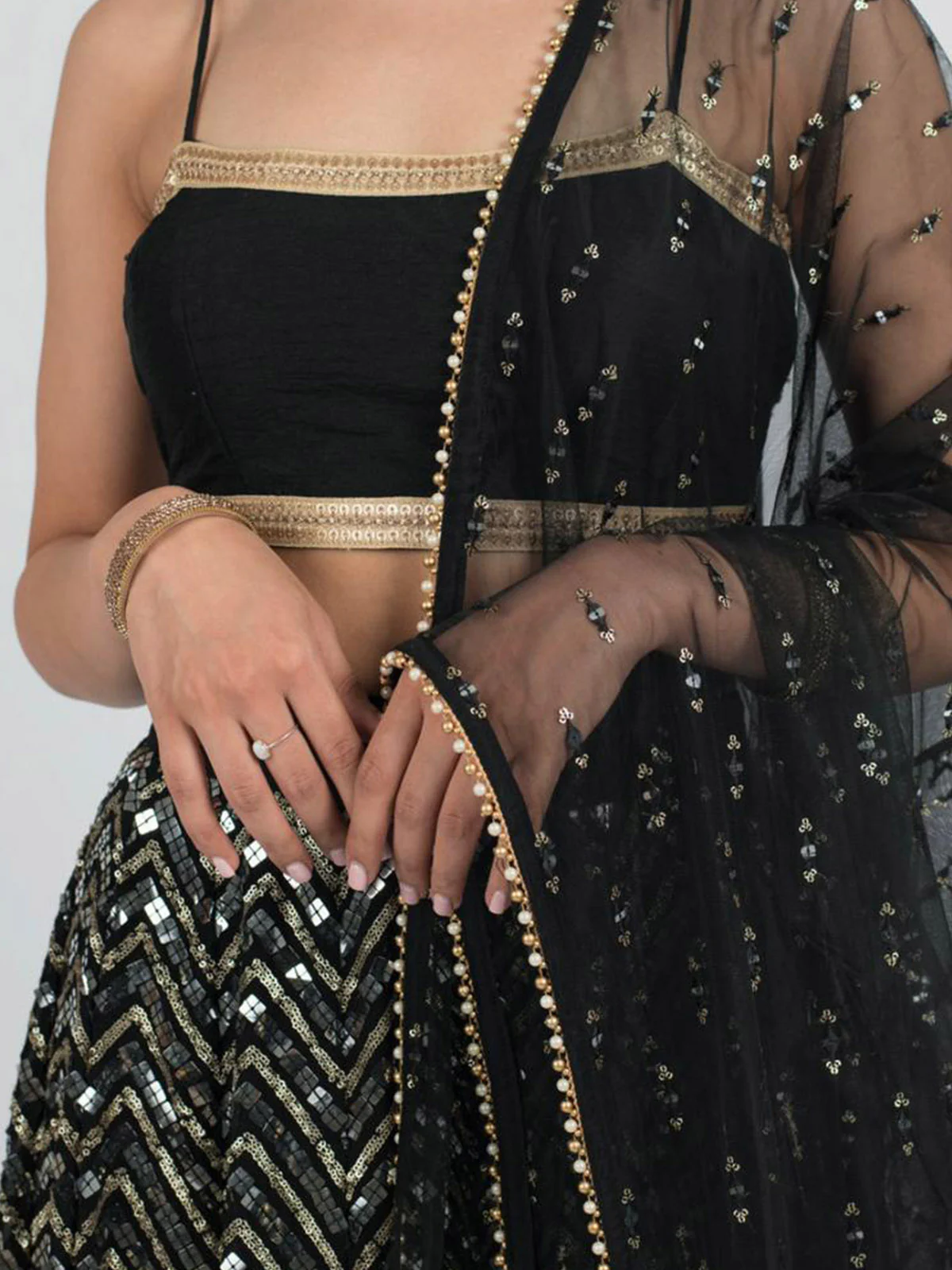 Odette Women Black Designer Sequence Semi Stitched Lehenga With Unstitched Blouse - Image 4