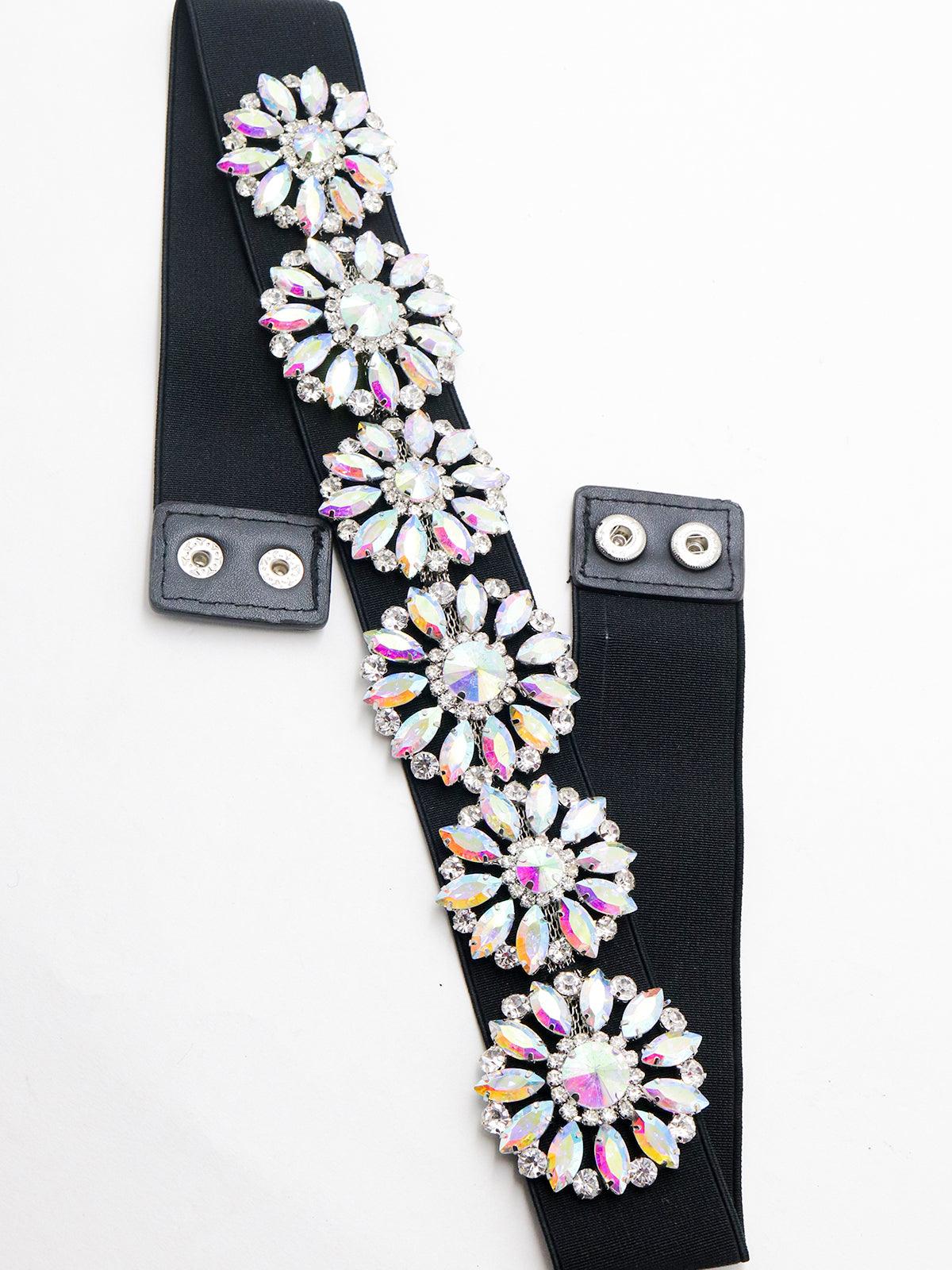 Odette Women Black Elasticised Glittery Gem Waist Belt - Image 5