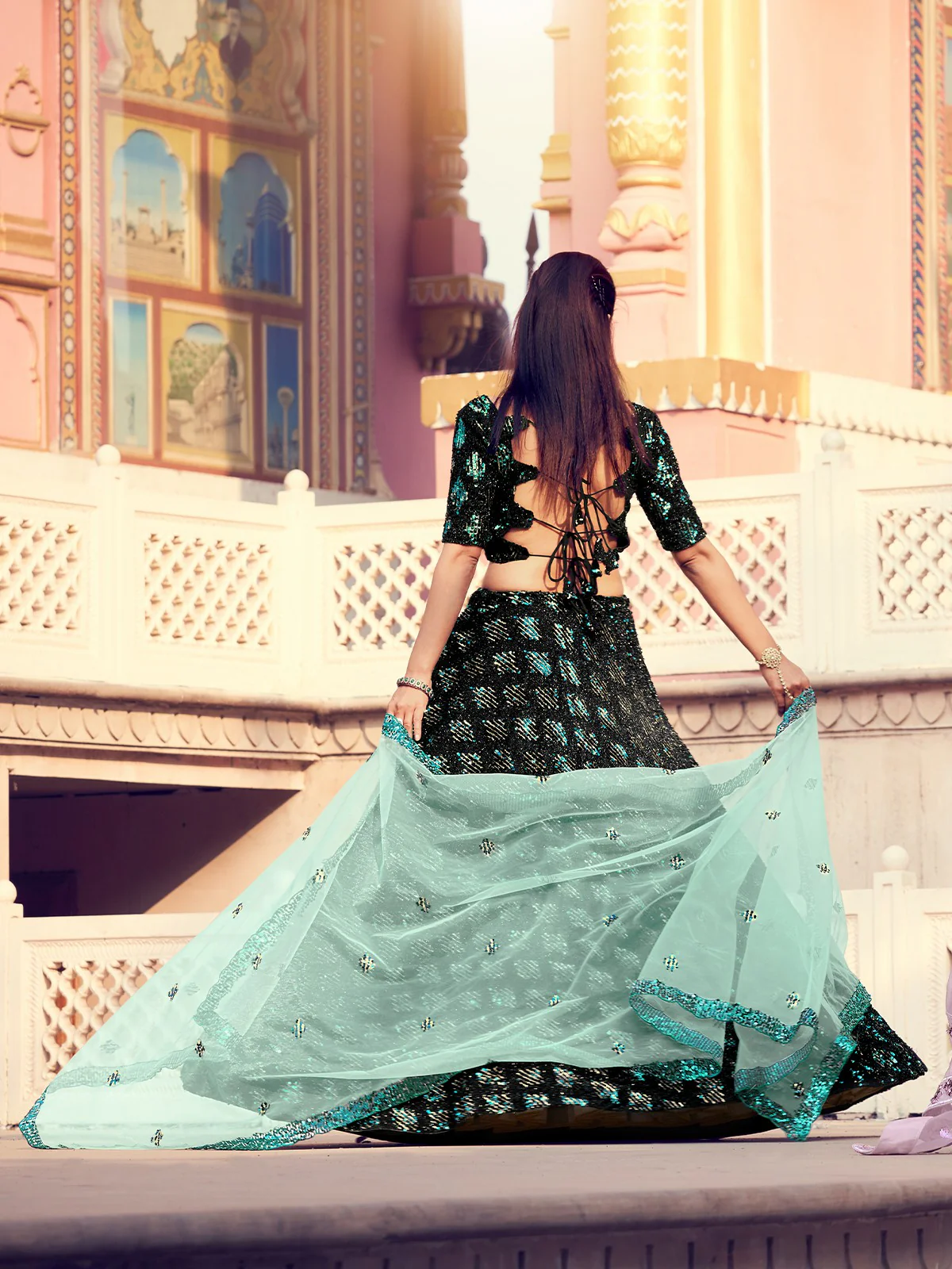 Odette Women Black Elegant Semi Stitched Lehenga With Unstitched Blouse - Image 3