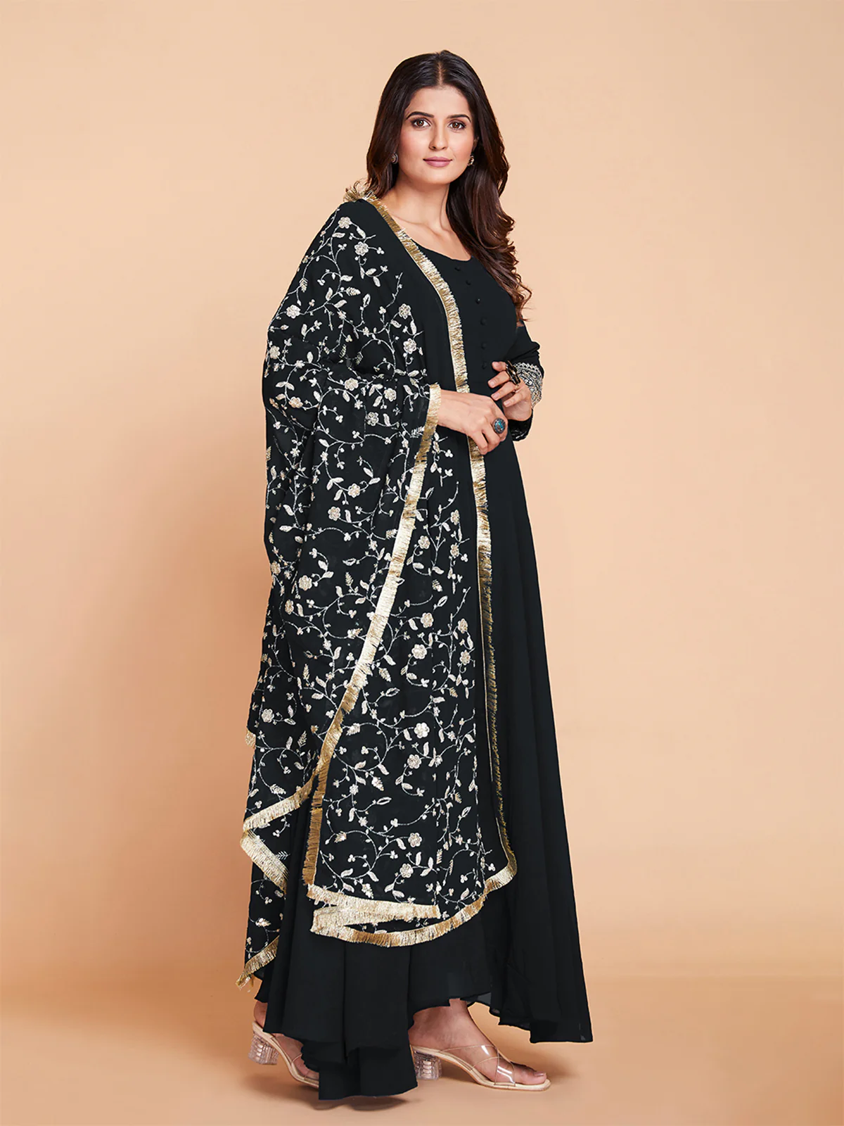Odette Women Black Faux Georgette Solid Stitched Kurta Set - Image 2