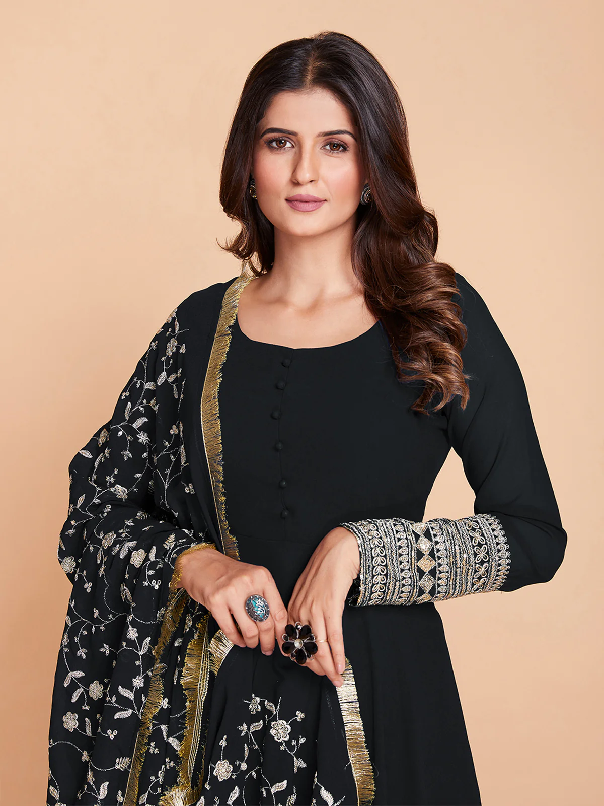 Odette Women Black Faux Georgette Solid Stitched Kurta Set - Image 4