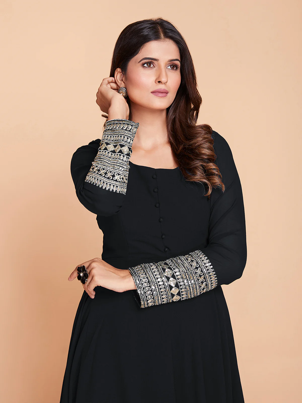 Odette Women Black Faux Georgette Solid Stitched Kurta Set - Image 5