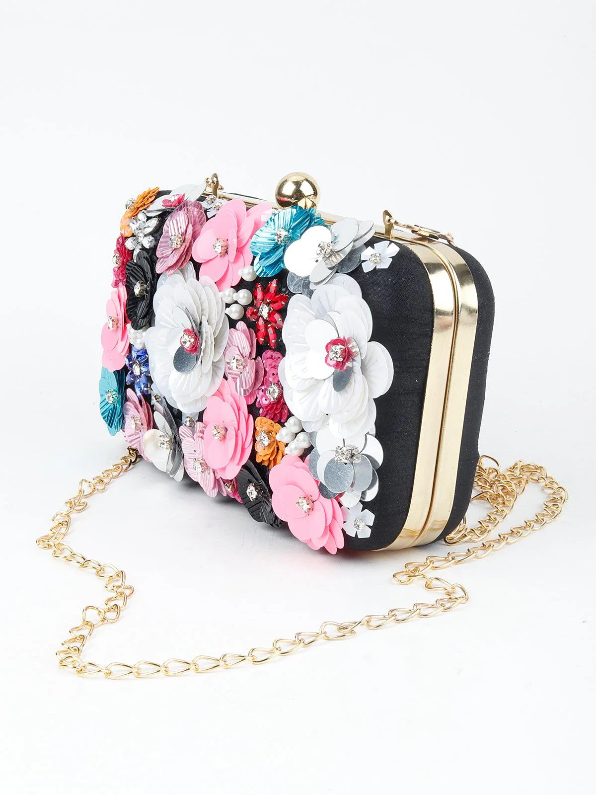 Odette Women Black Floral Embellished Sequin Multicolour Clutch - Image 3