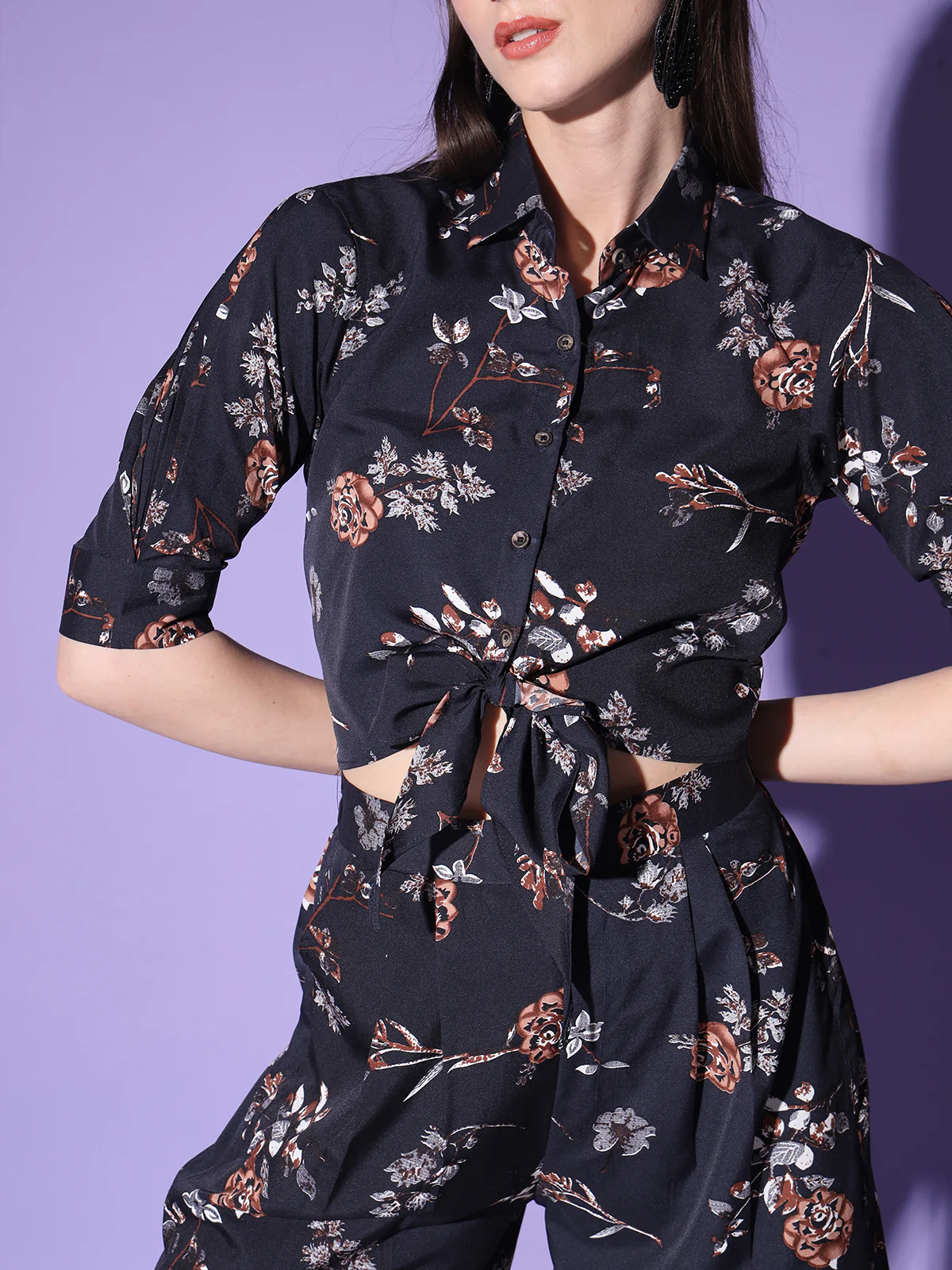 Odette Women Black Floral Printed Crepe Stitched  Co Ord Set - Image 2