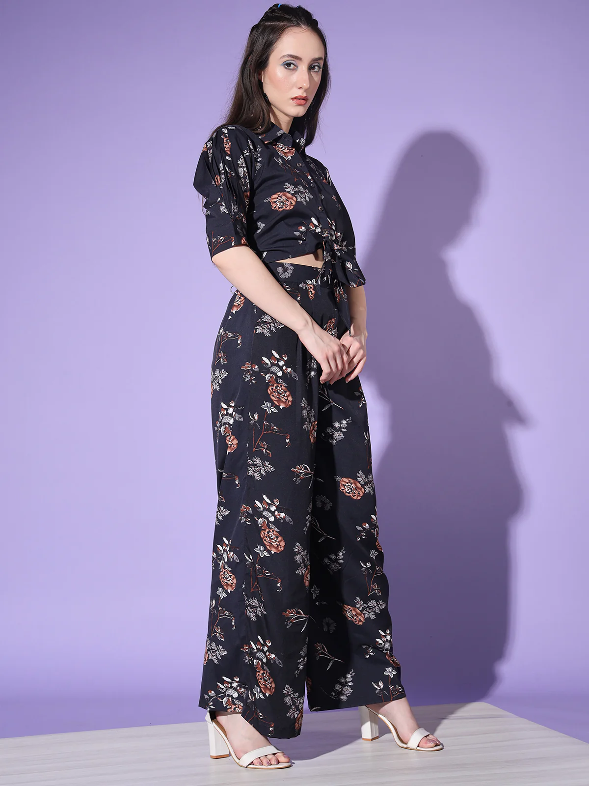 Odette Women Black Floral Printed Crepe Stitched  Co Ord Set - Image 3