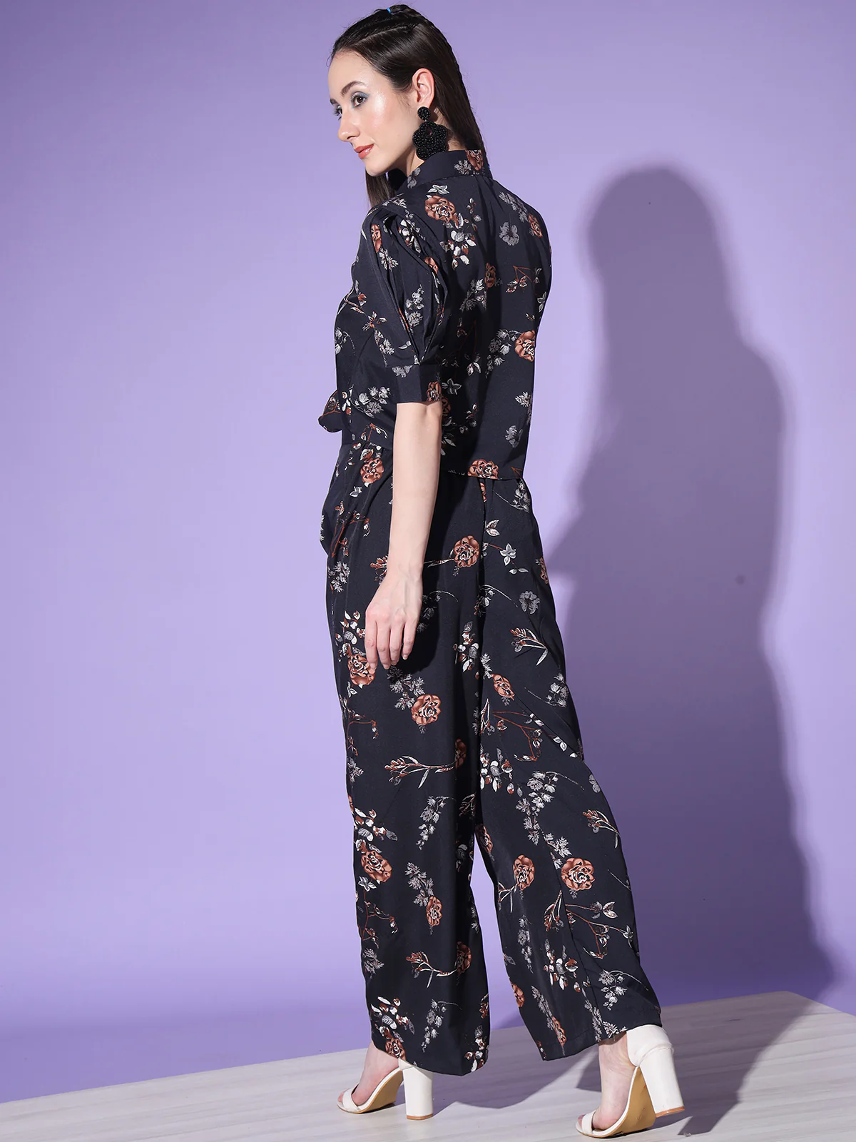 Odette Women Black Floral Printed Crepe Stitched  Co Ord Set - Image 4